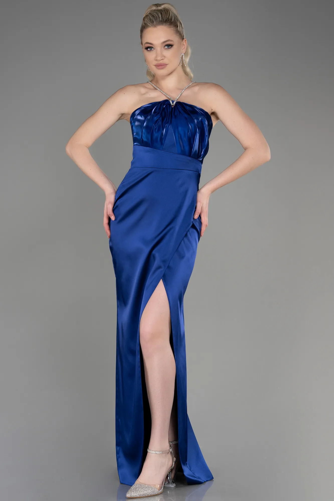 Navy Blue-Long Satin Prom Gown ABU3525