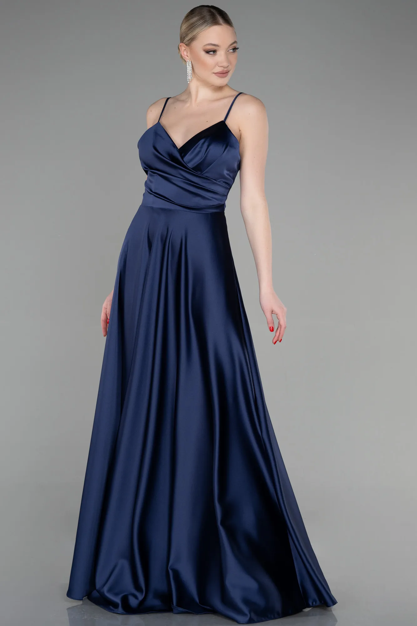 Navy Blue-Long Satin Prom Gown ABU3610