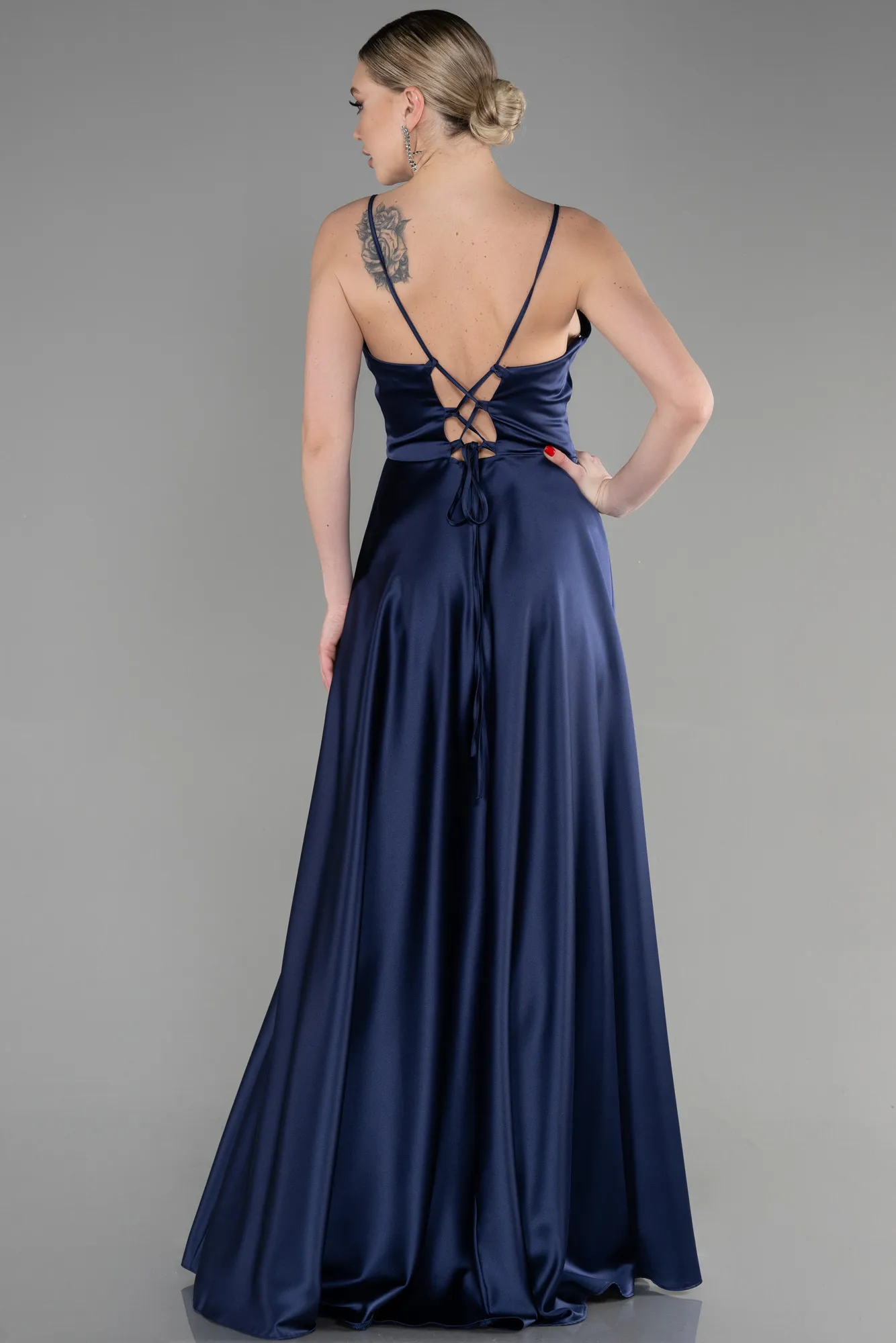 Navy Blue-Long Satin Prom Gown ABU3610