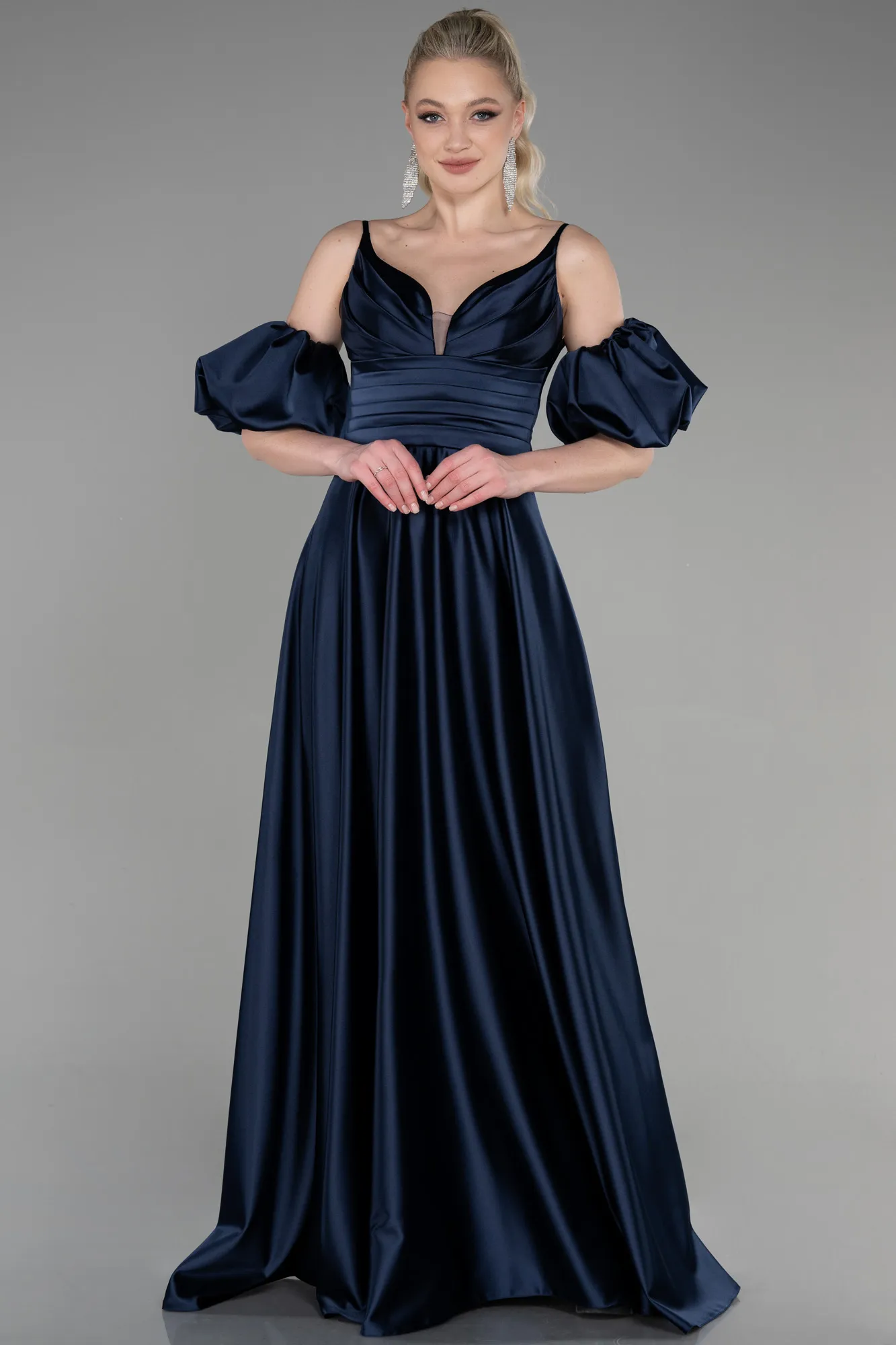 Navy Blue-Long Satin Prom Gown ABU3634