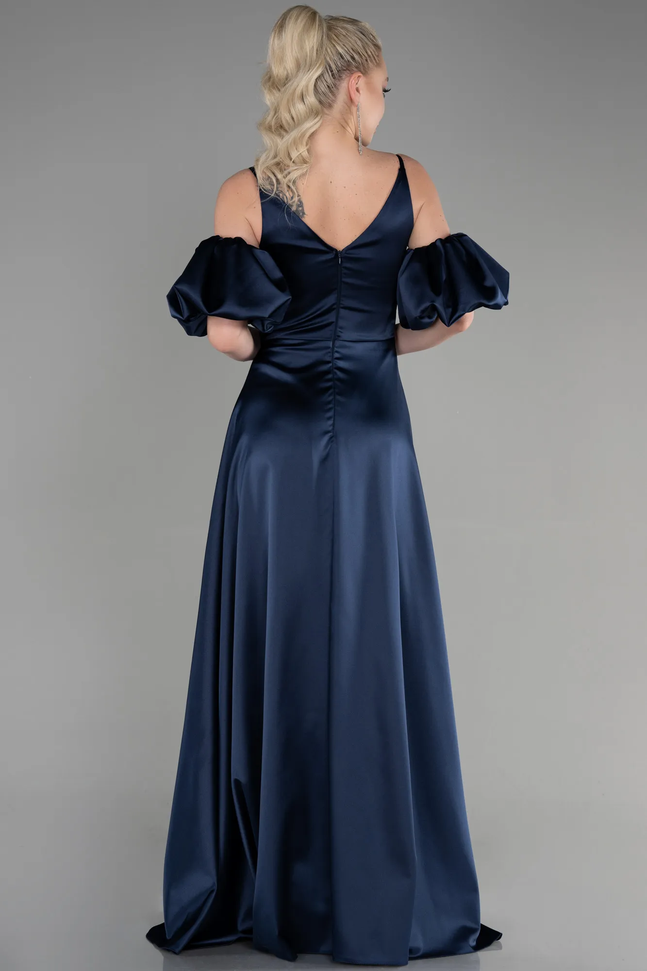 Navy Blue-Long Satin Prom Gown ABU3634