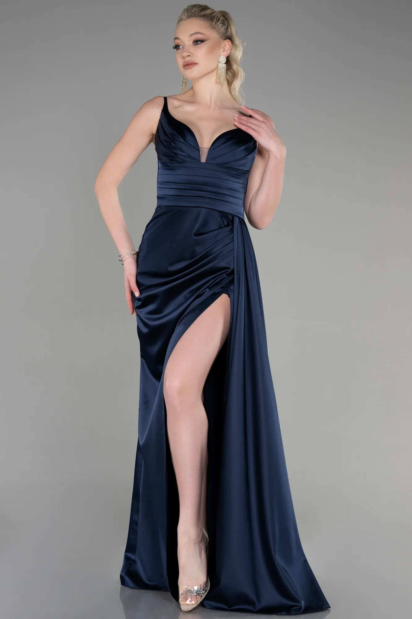 Navy Blue-Long Satin Prom Gown ABU3635
