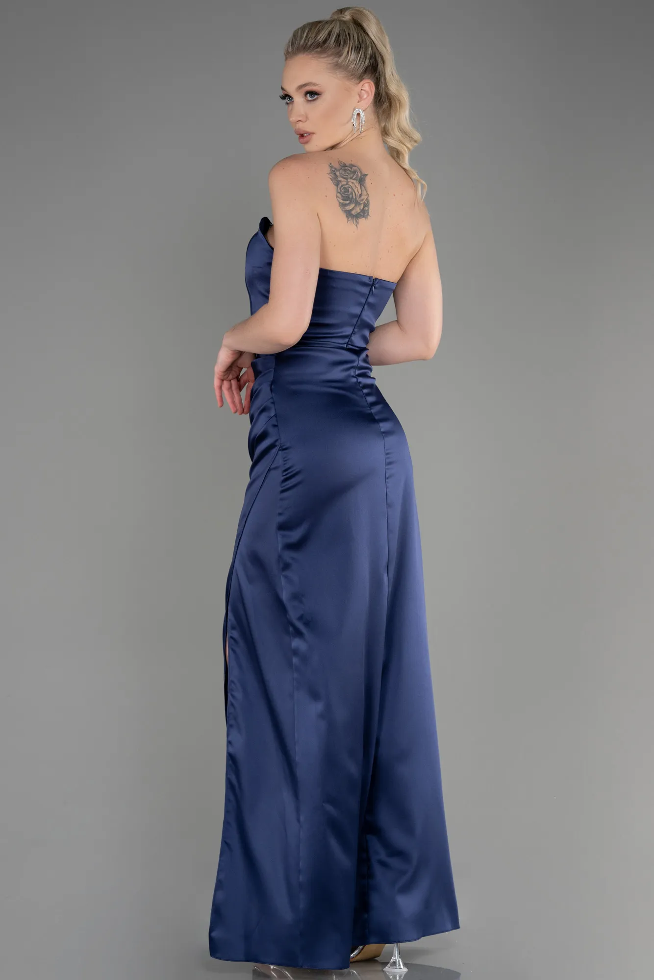 Navy Blue-Long Satin Prom Gown ABU3765