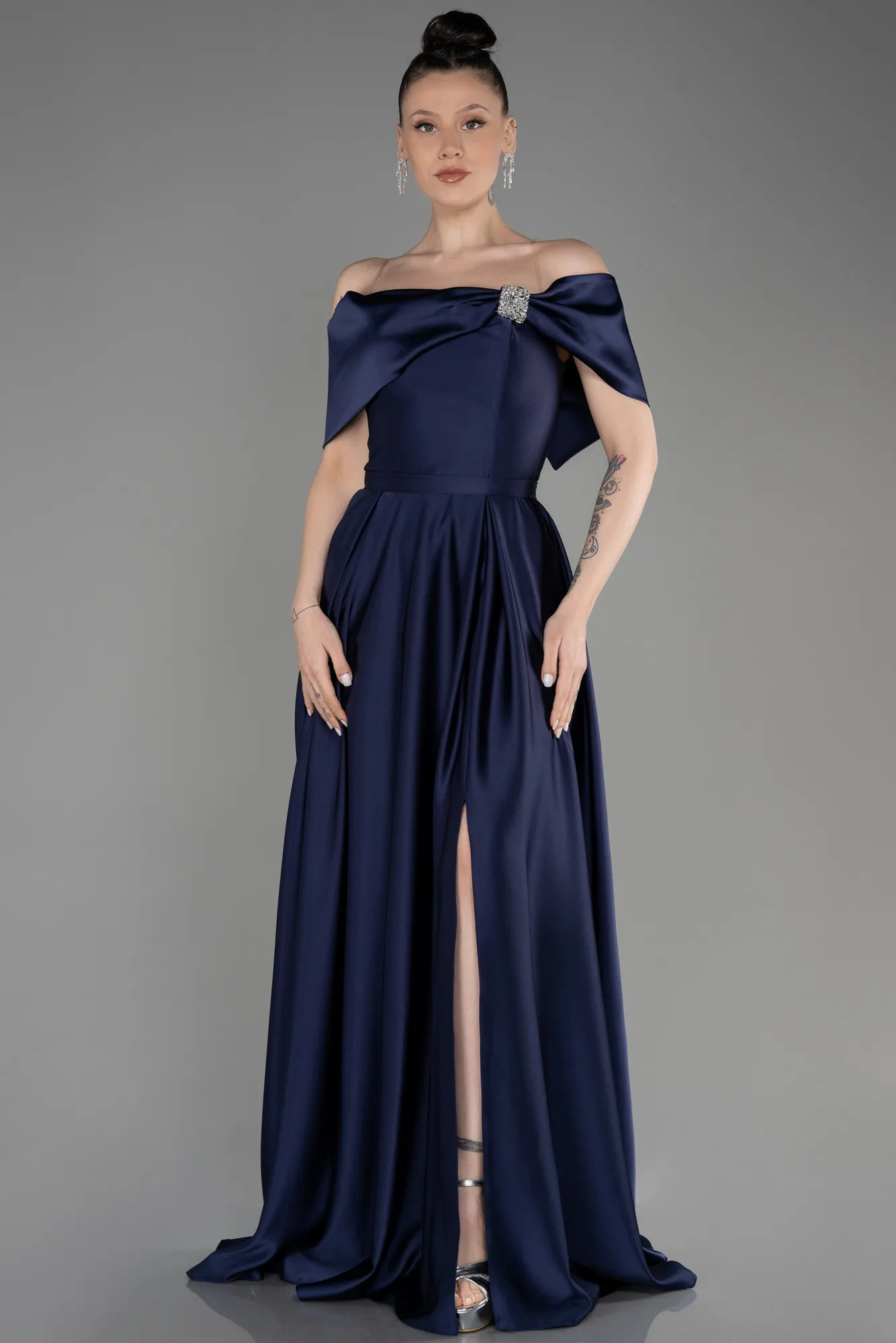 Navy Blue-Long Satin Prom Gown ABU3788
