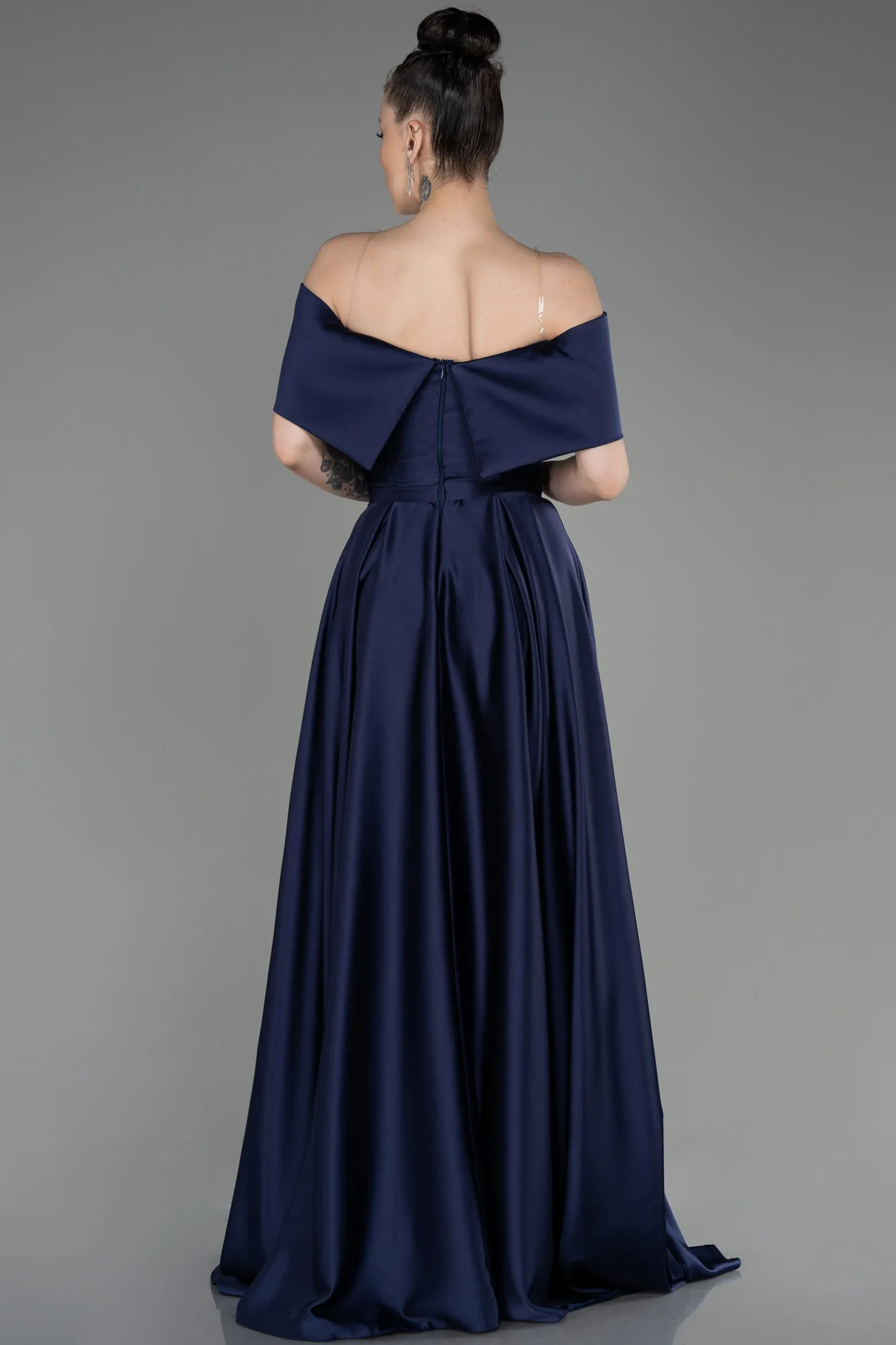 Navy Blue-Long Satin Prom Gown ABU3788