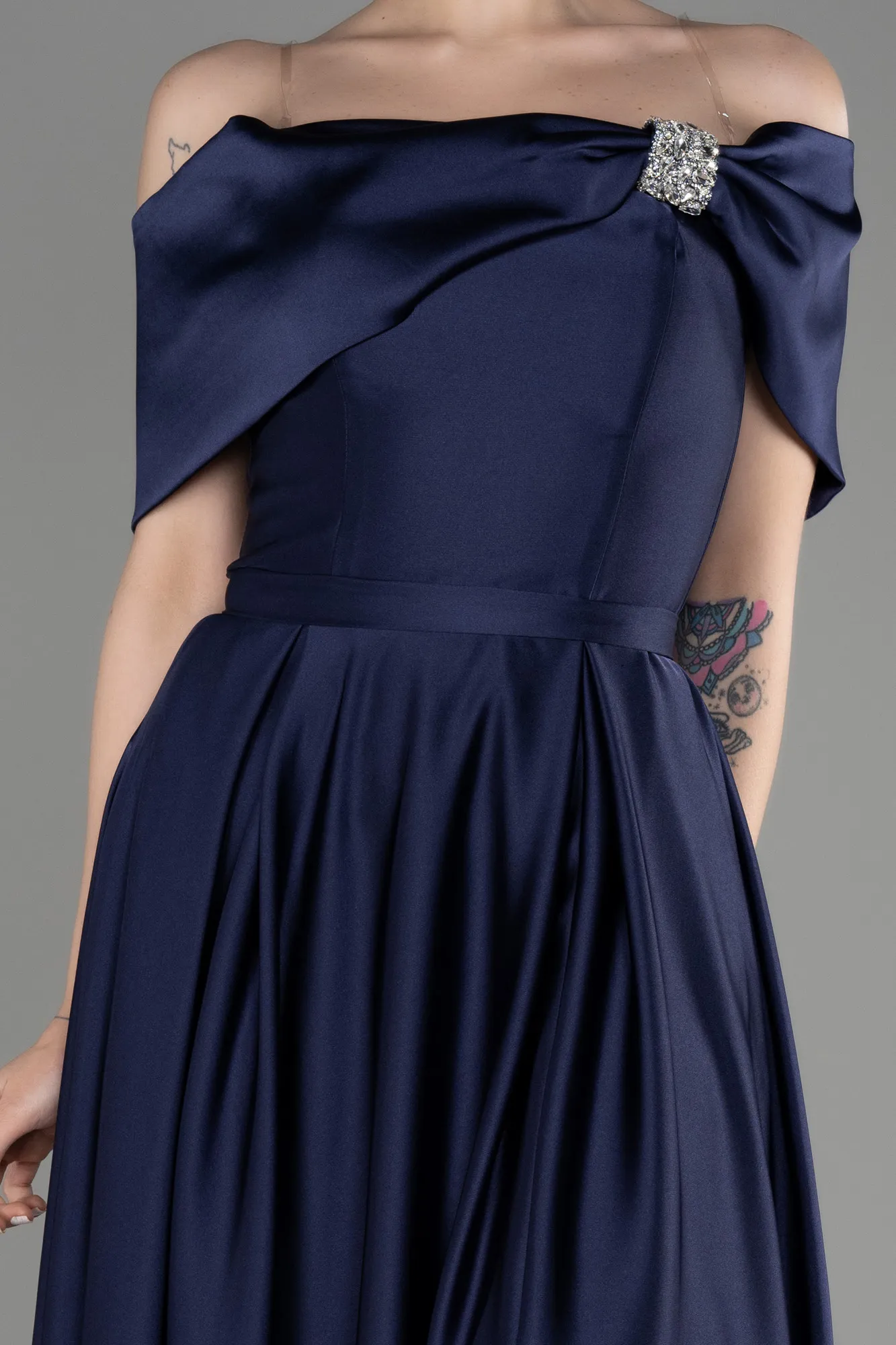 Navy Blue-Long Satin Prom Gown ABU3788