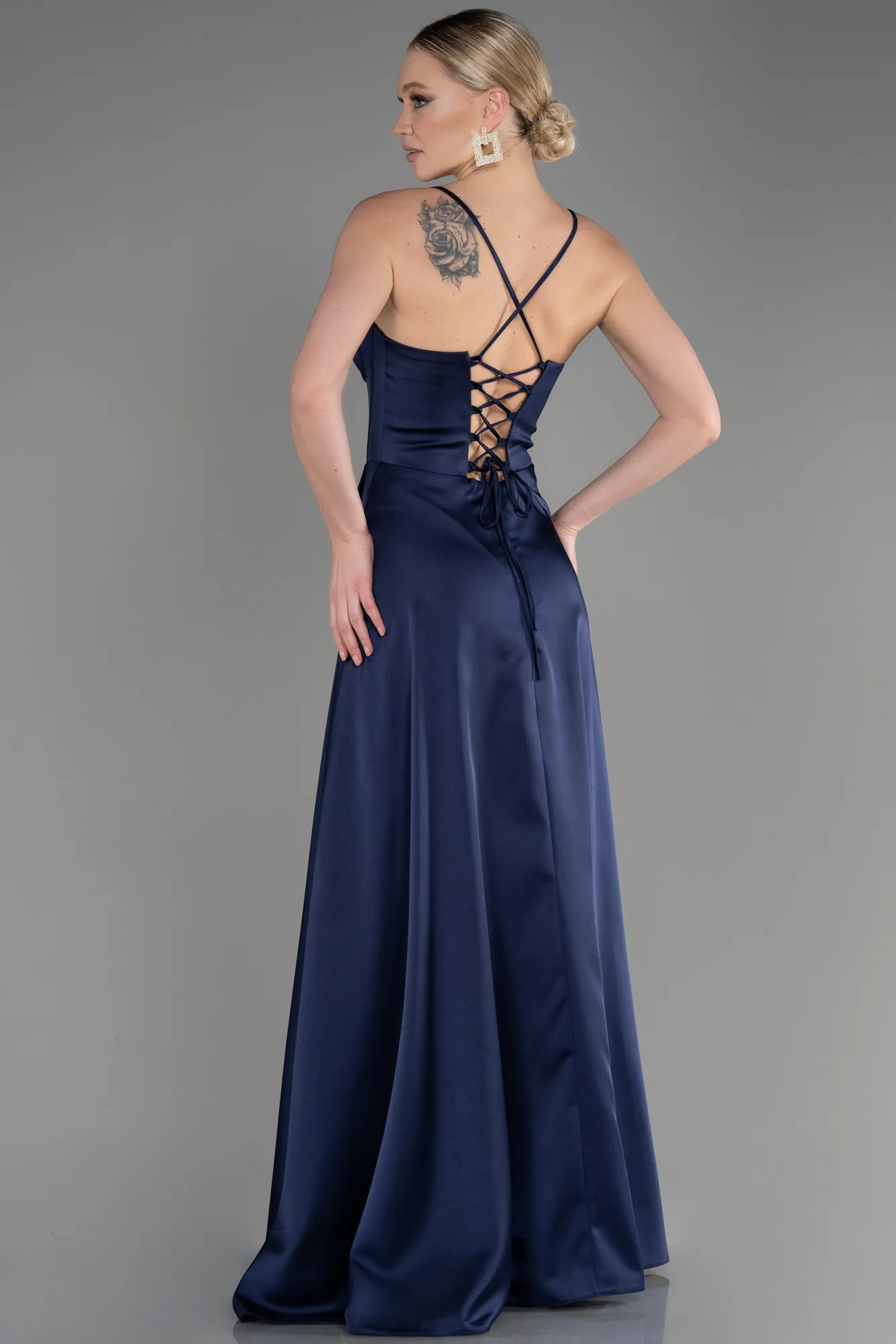 Navy Blue-Long Satin Prom Gown ABU3809