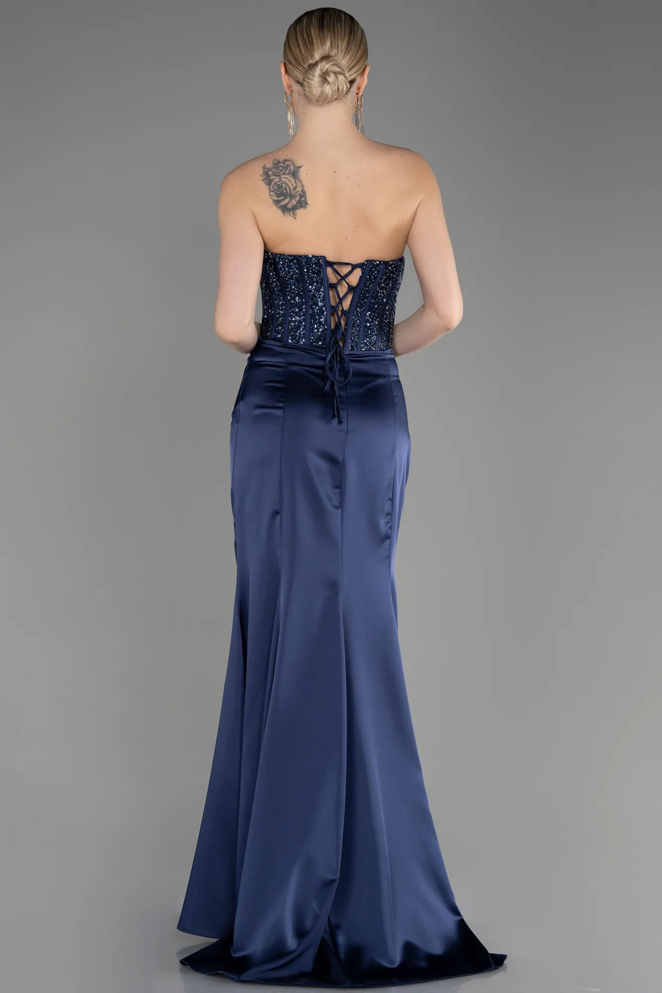 Navy Blue-Long Satin Prom Gown ABU3883