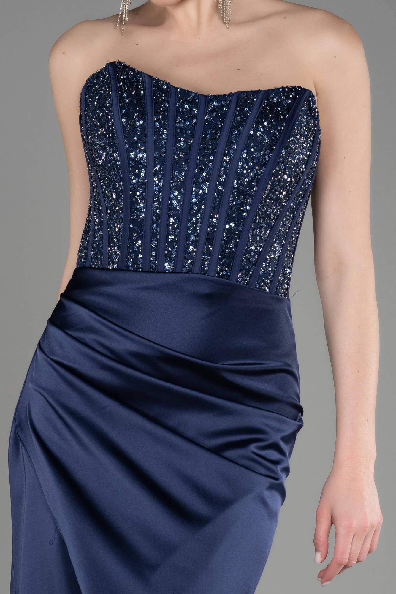 Navy Blue-Long Satin Prom Gown ABU3883