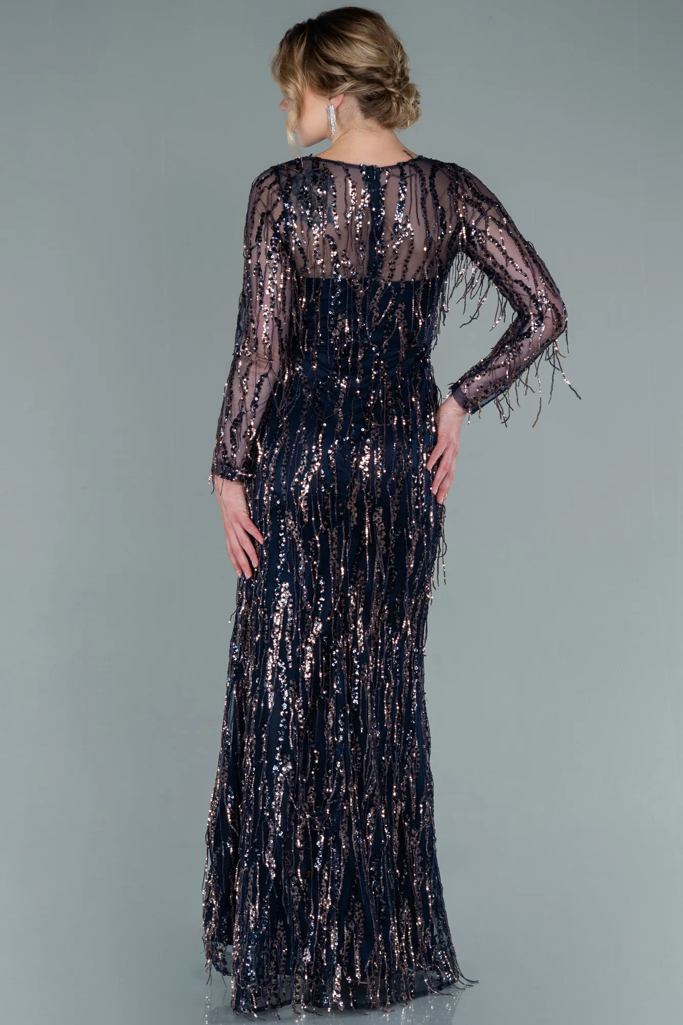 Navy Blue-Long Scaly Evening Dress ABU2324