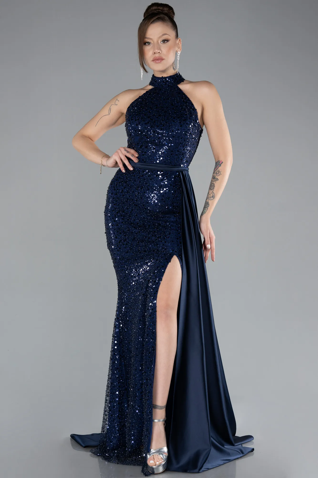 Navy Blue-Long Scaly Evening Dress ABU3888