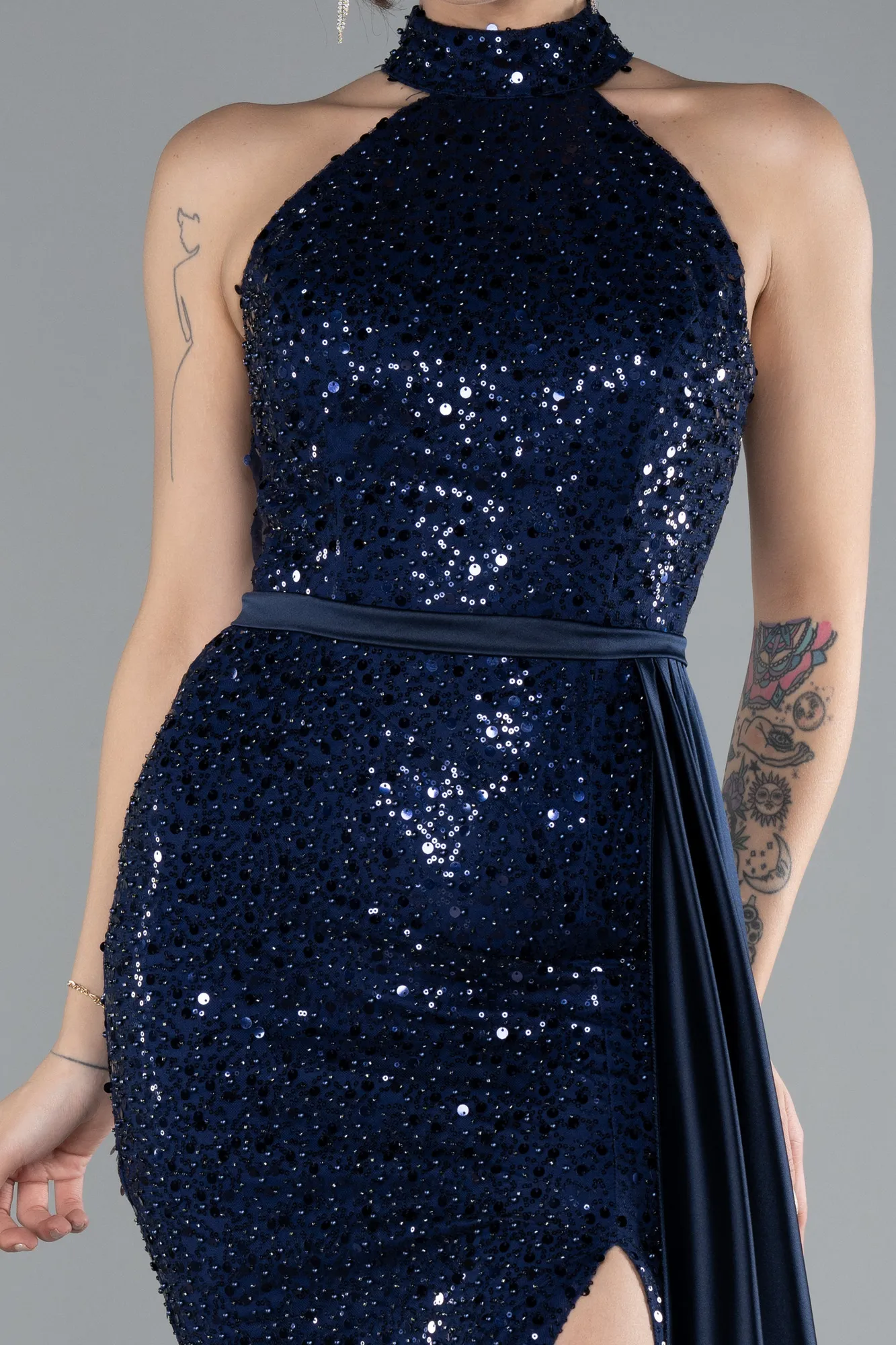 Navy Blue-Long Scaly Evening Dress ABU3888