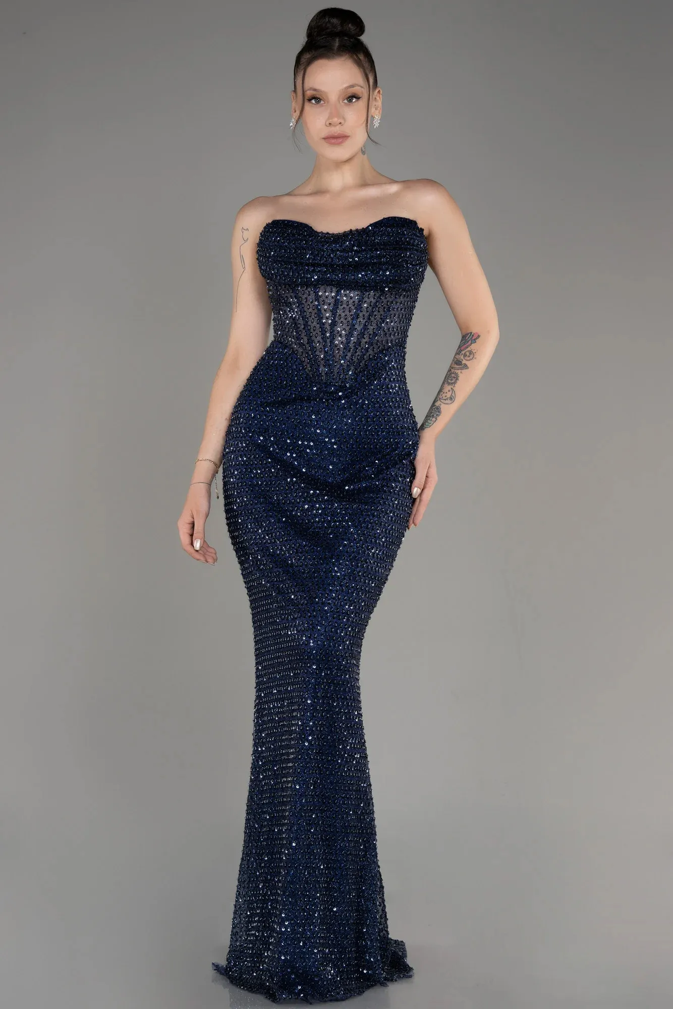 Navy Blue-Long Scaly Mermaid Evening Gown ABU3970