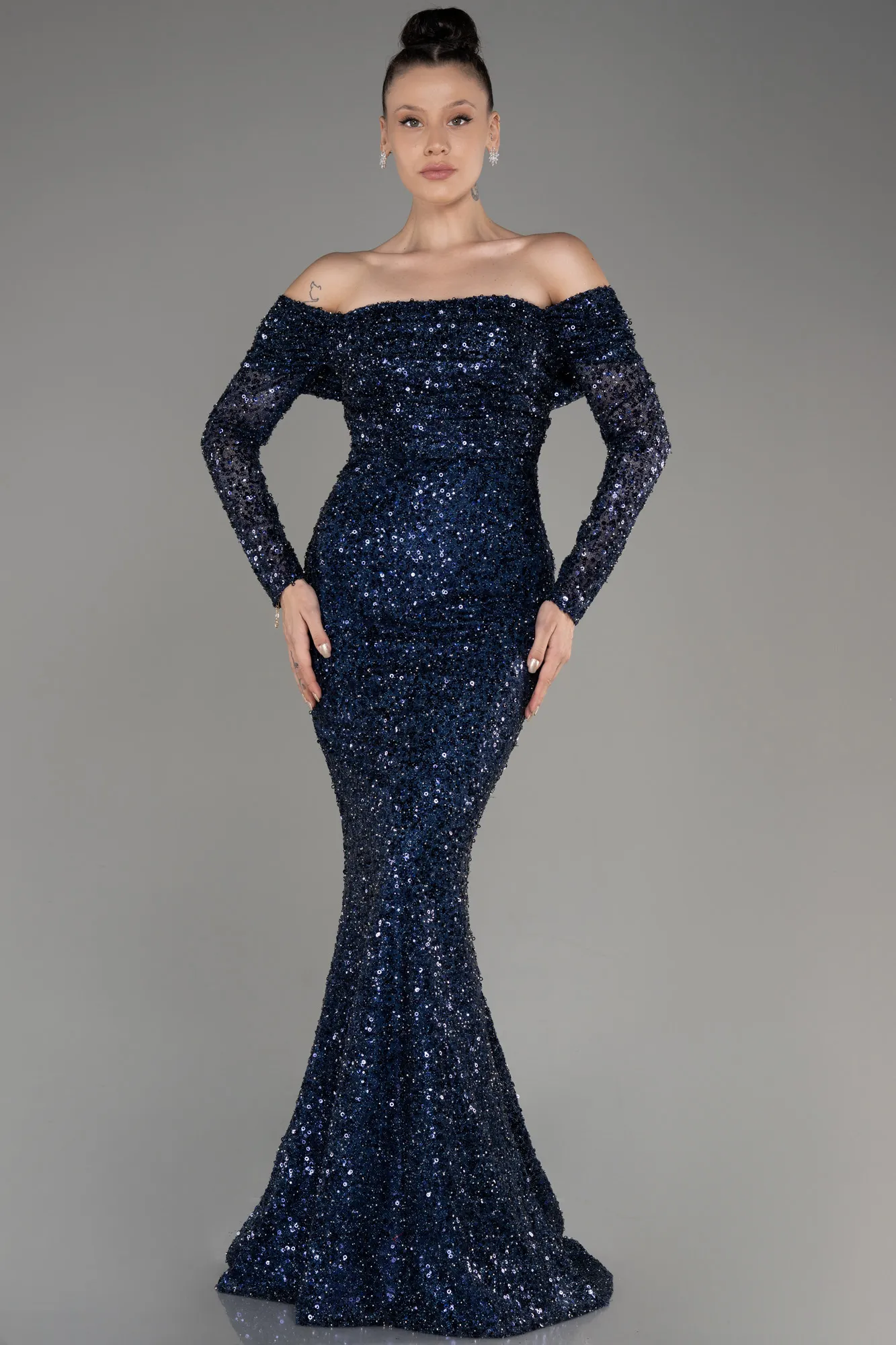 Navy Blue-Long Scaly Mermaid Evening Gown ABU3985