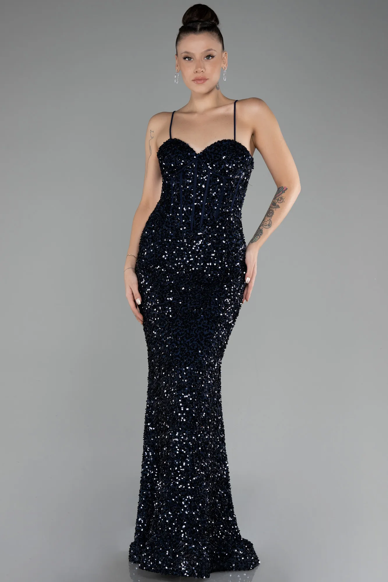 Navy Blue-Long Scaly Mermaid Evening Gown ABU4252