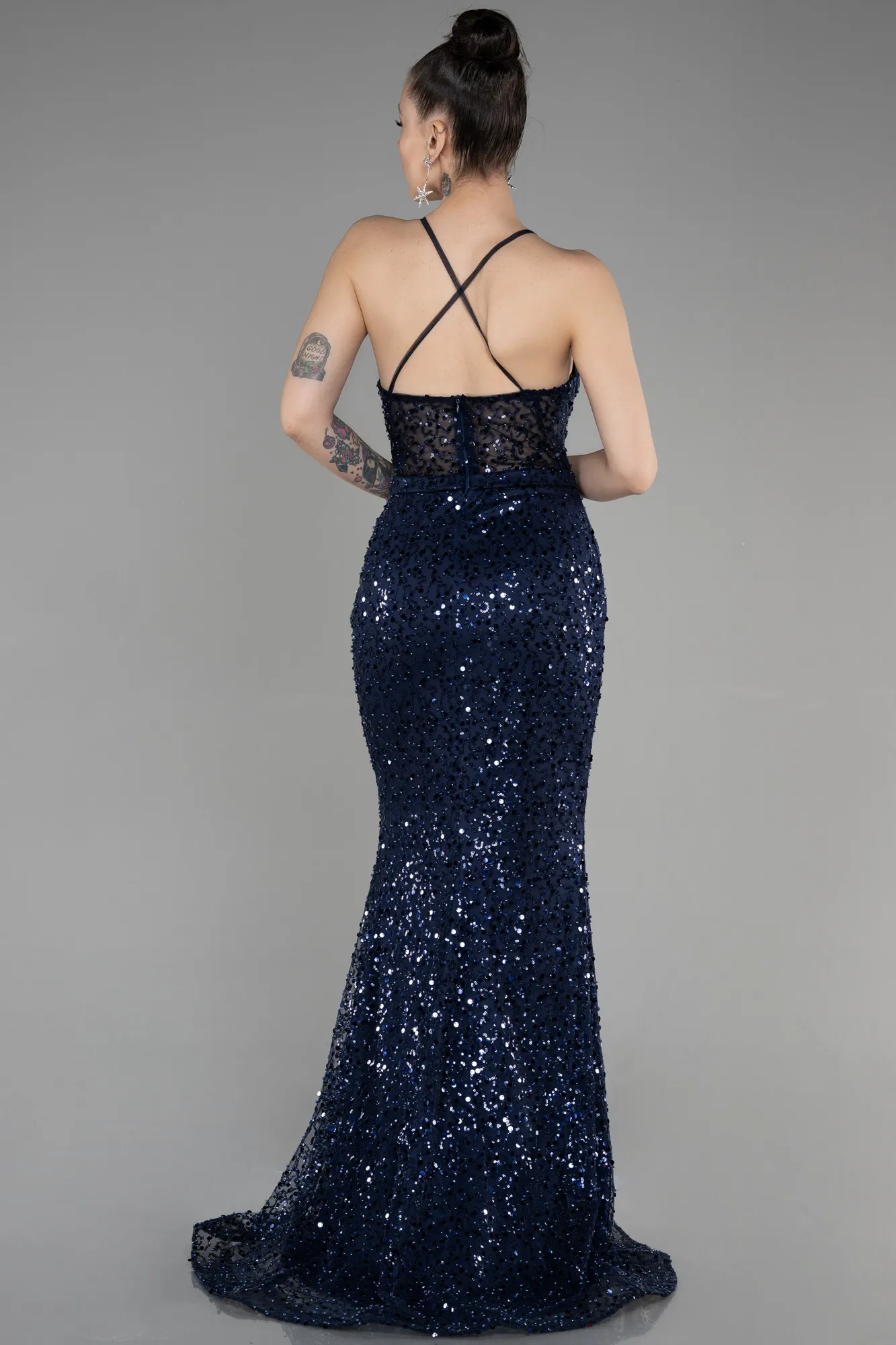 Navy Blue-Long Scaly Mermaid Prom Dress ABU3561