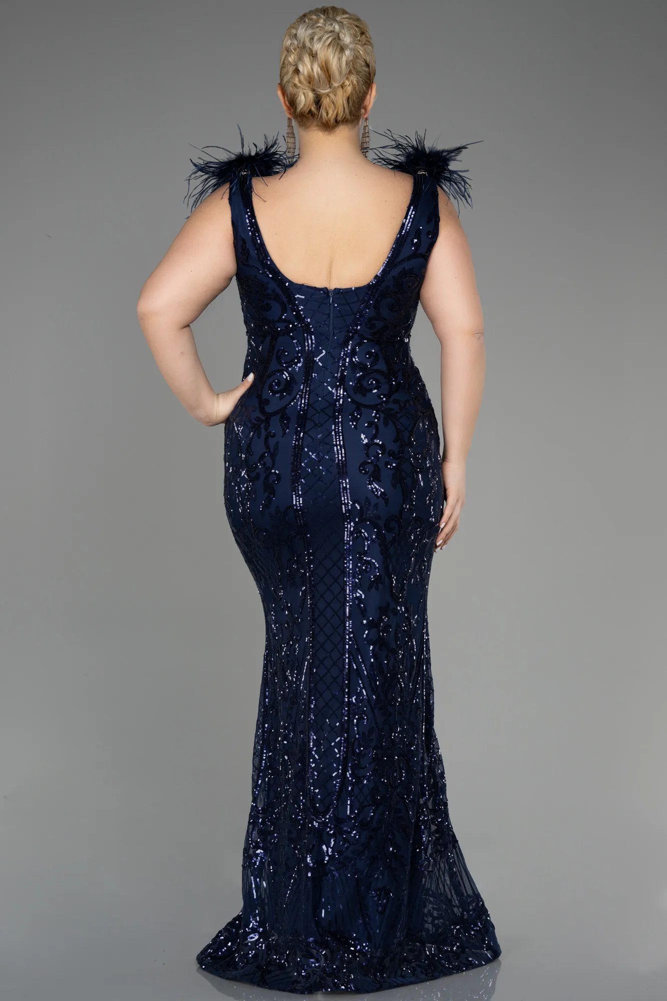 Navy Blue-Long Scaly Plus Size Engagement Dress ABU3671