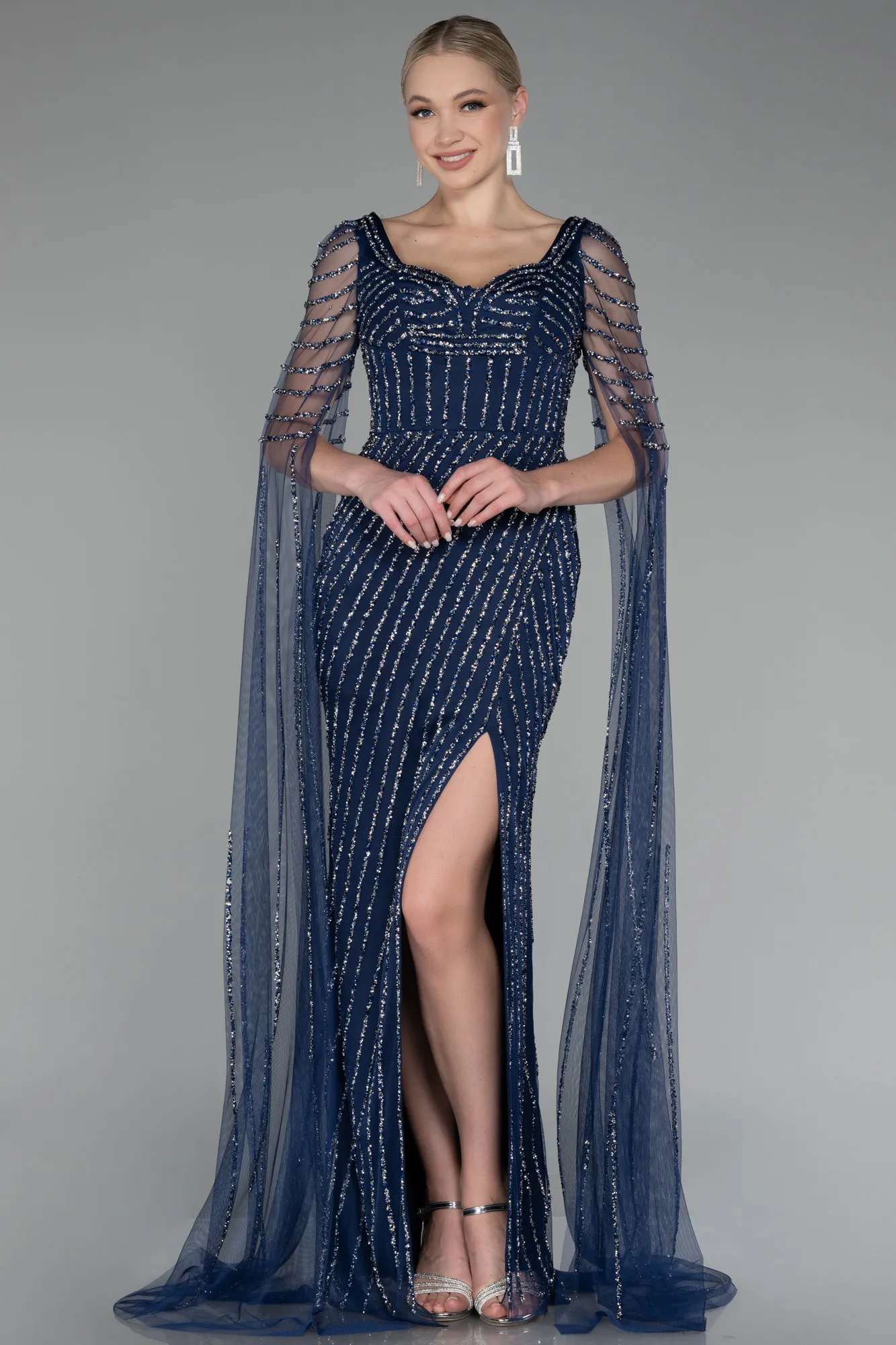 Navy Blue-Long Shawl Sleeve Stone Haute Couture Dress ABU4128