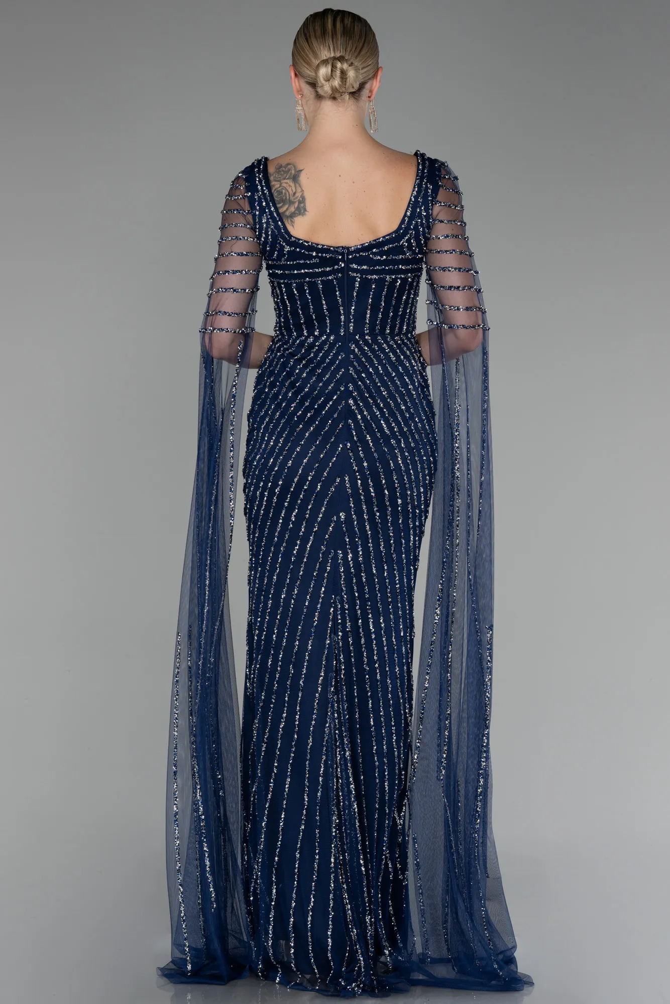 Navy Blue-Long Shawl Sleeve Stone Haute Couture Dress ABU4128