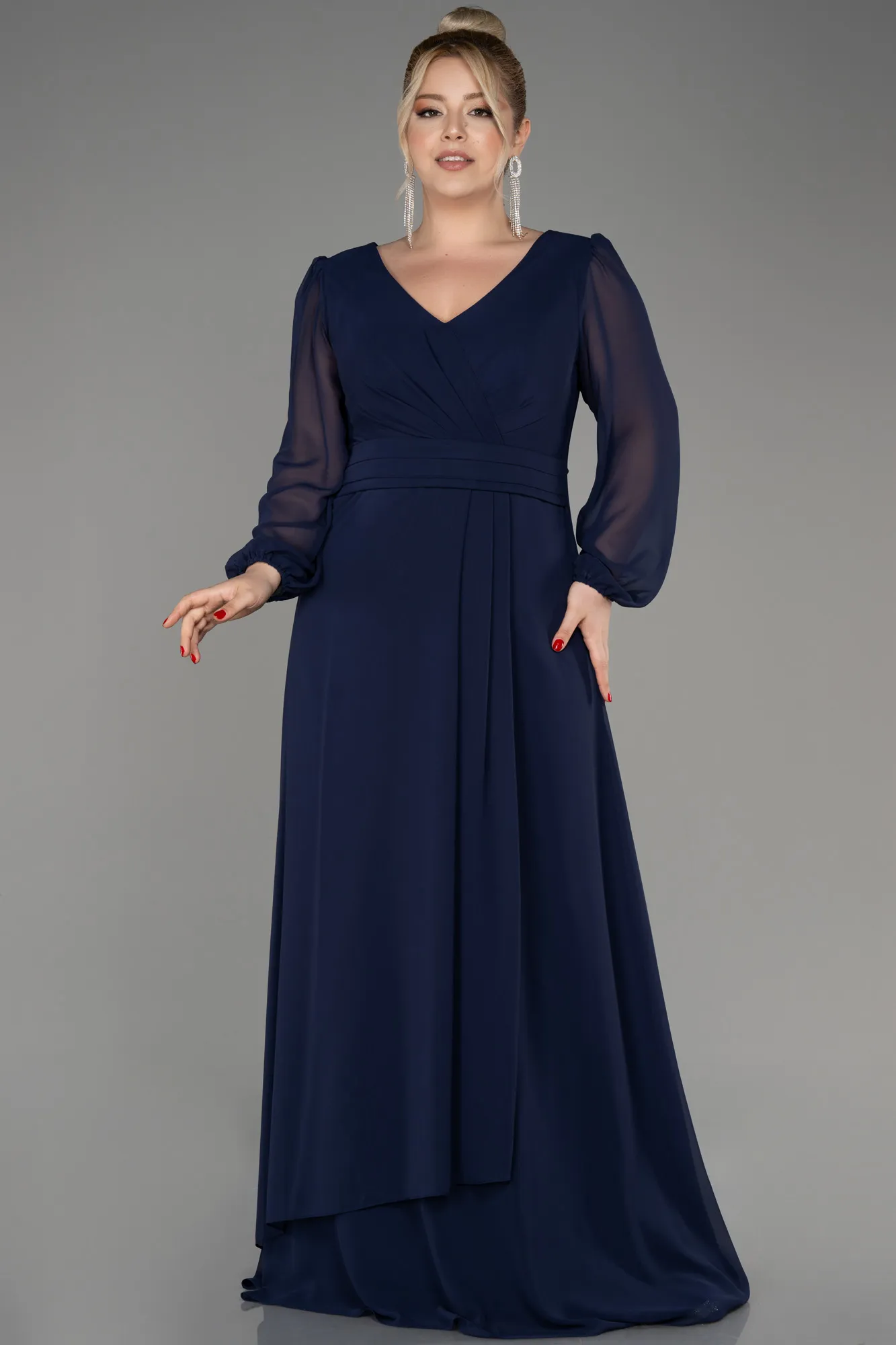 Navy Blue-Long Sleeve Chiffon Plus Size Evening Dress ABU3938