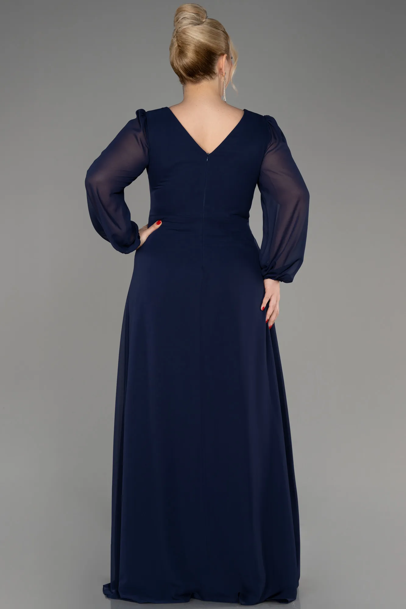 Navy Blue-Long Sleeve Chiffon Plus Size Evening Dress ABU3938