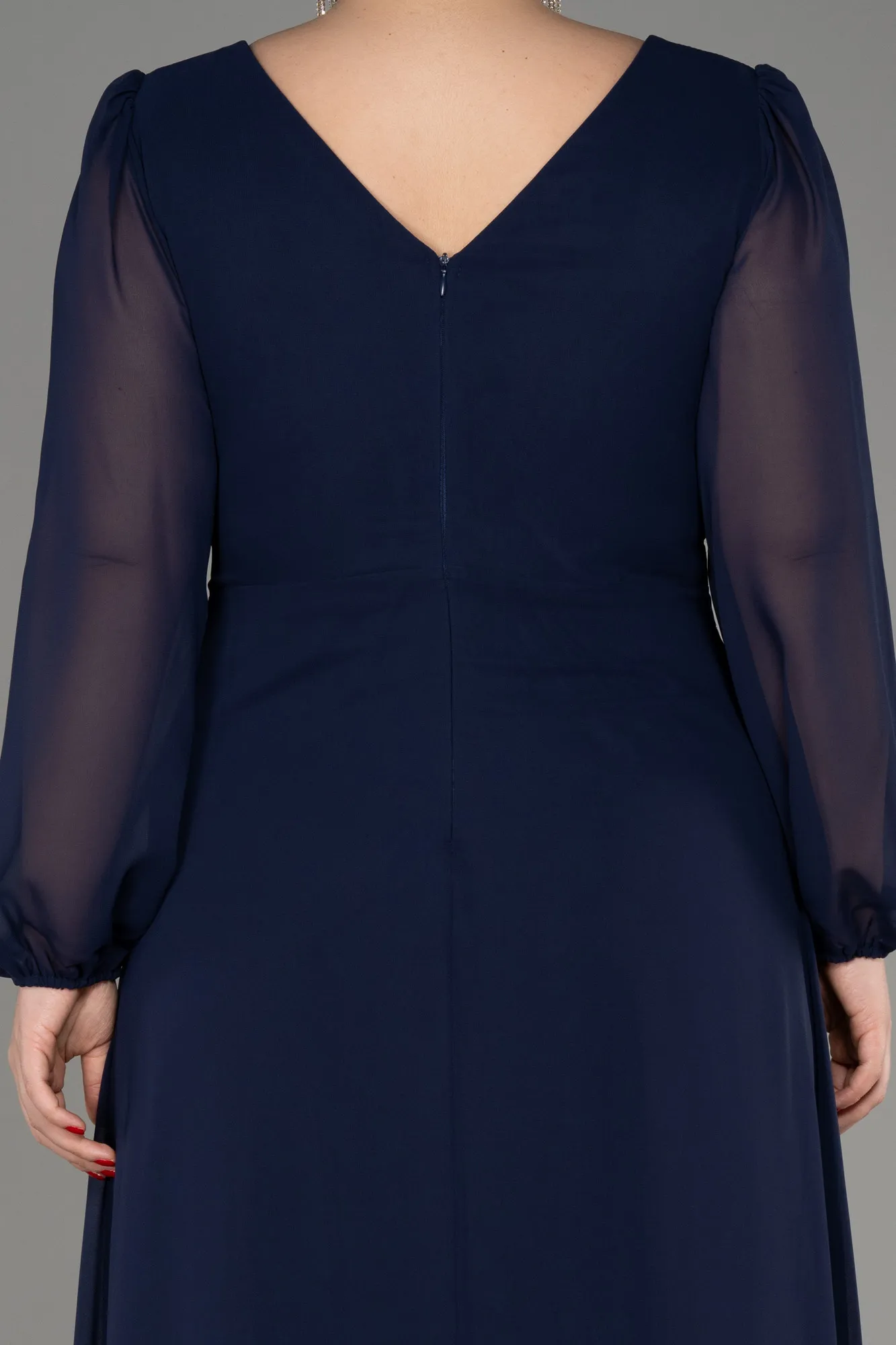 Navy Blue-Long Sleeve Chiffon Plus Size Evening Dress ABU3938