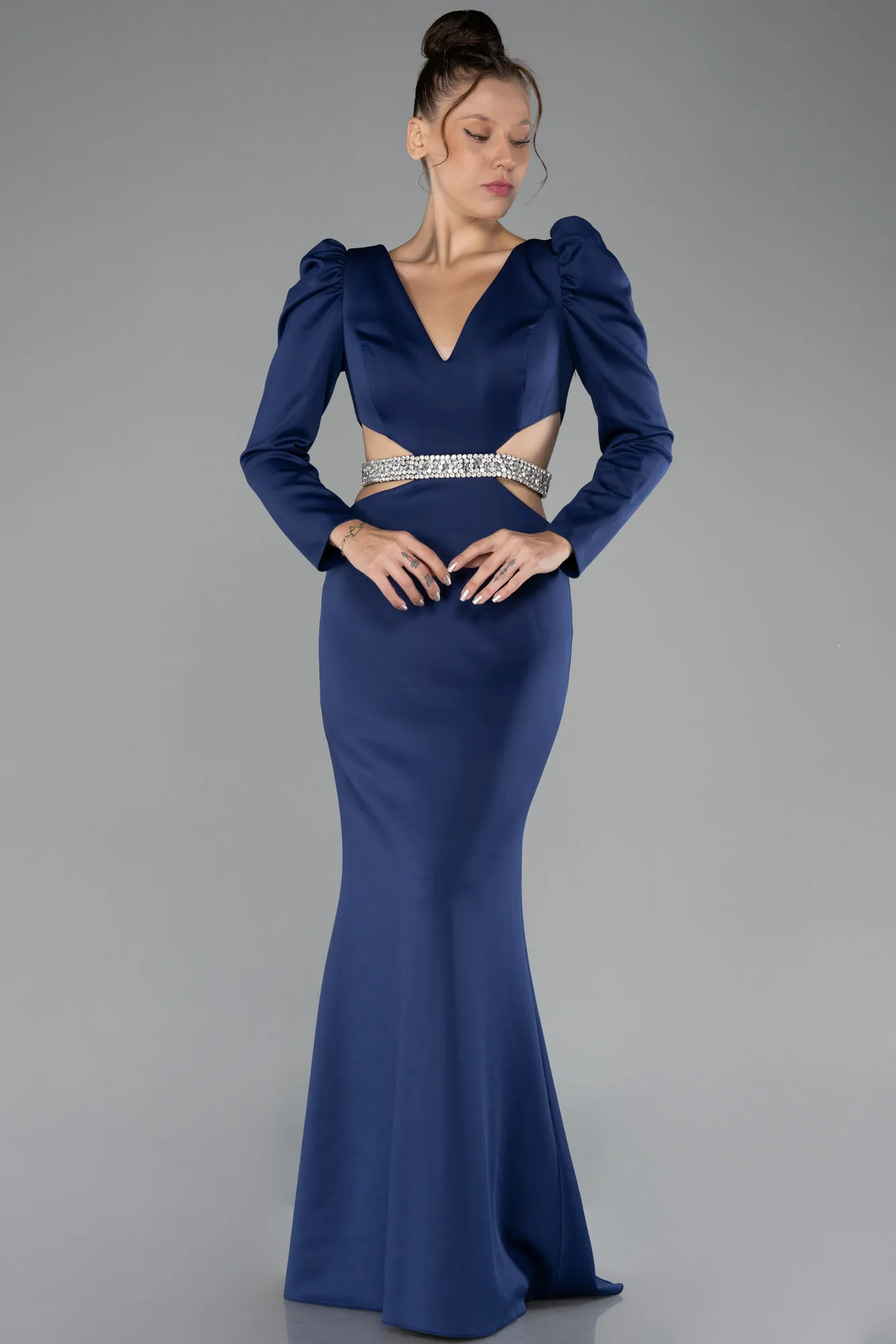 Navy Blue-Long Sleeve Cut Out Evening Dress ABU4297