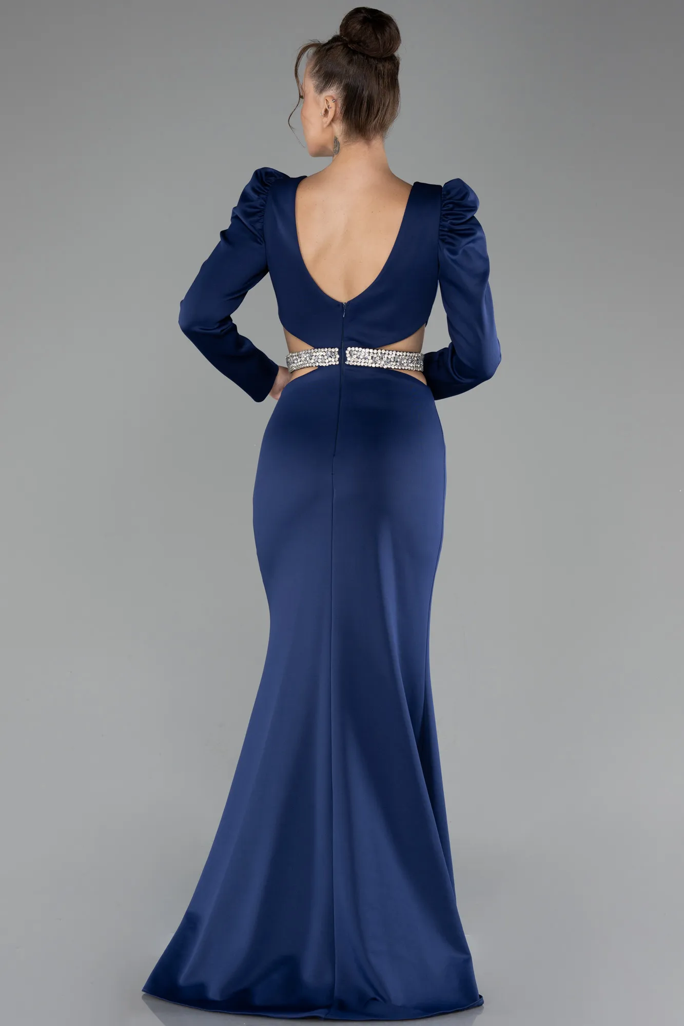 Navy Blue-Long Sleeve Cut Out Evening Dress ABU4297