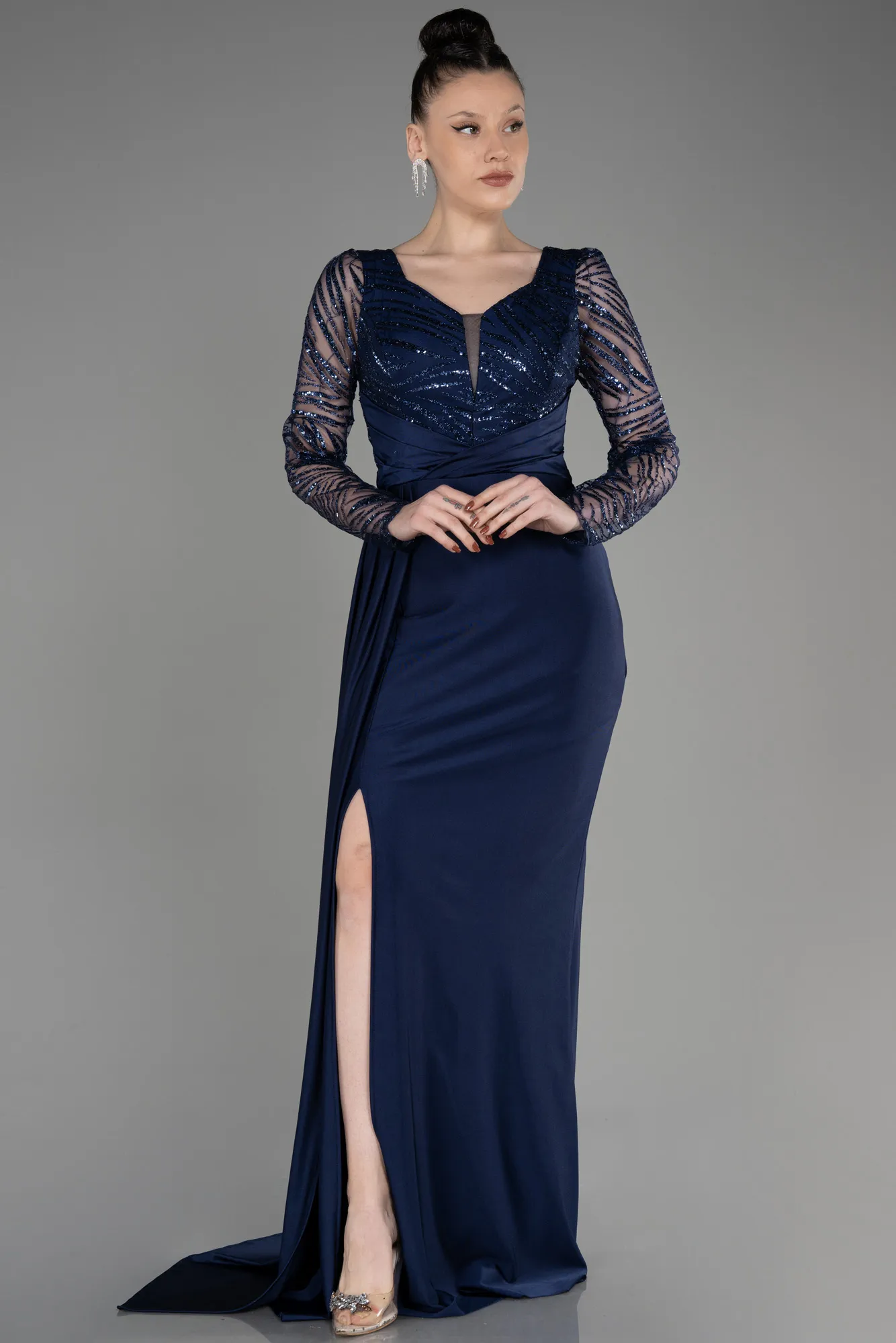 Navy Blue-Long Sleeve Evening Dress ABU3834