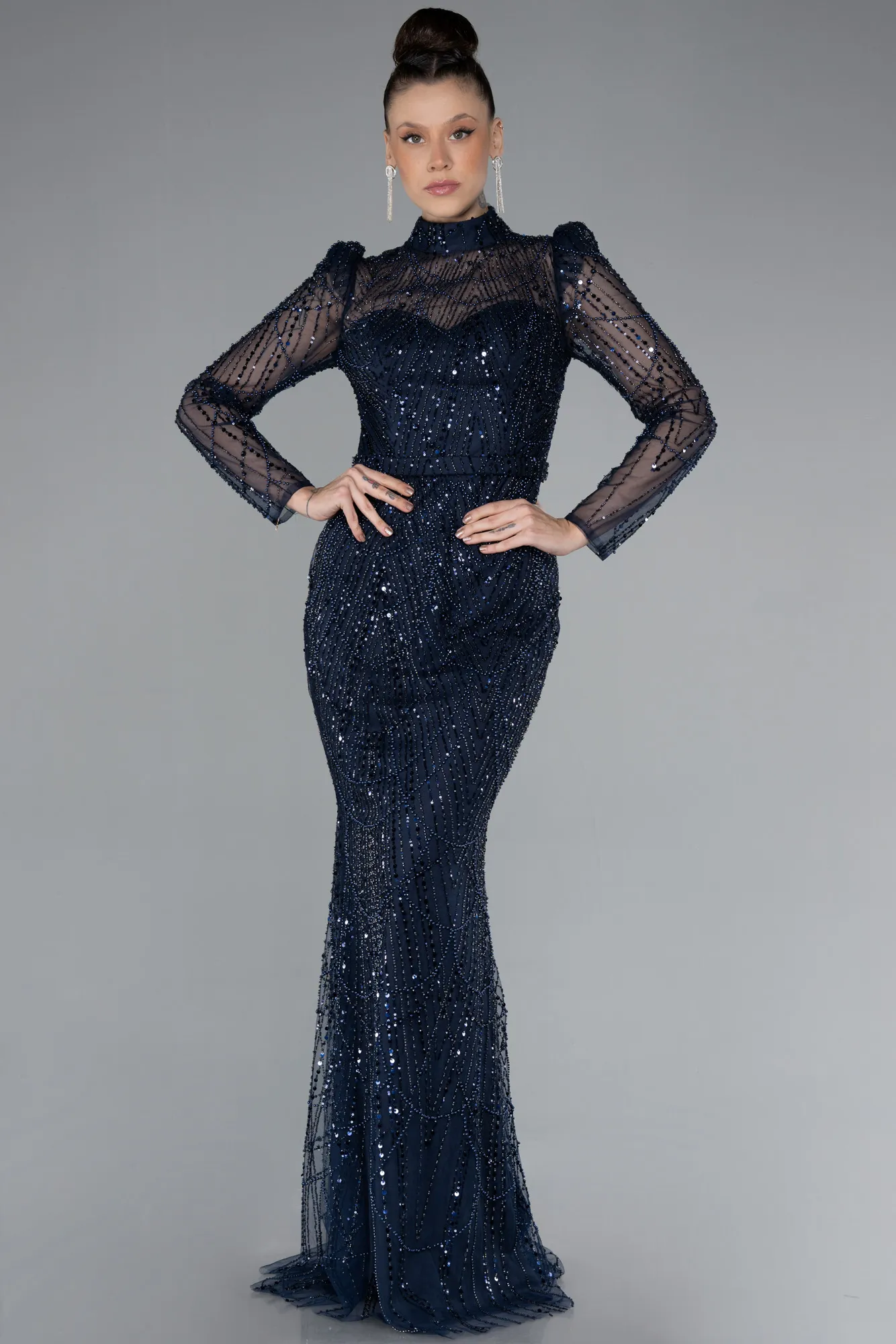 Navy Blue-Long Sleeve High Collar Stoned Evening Gown ABU4526