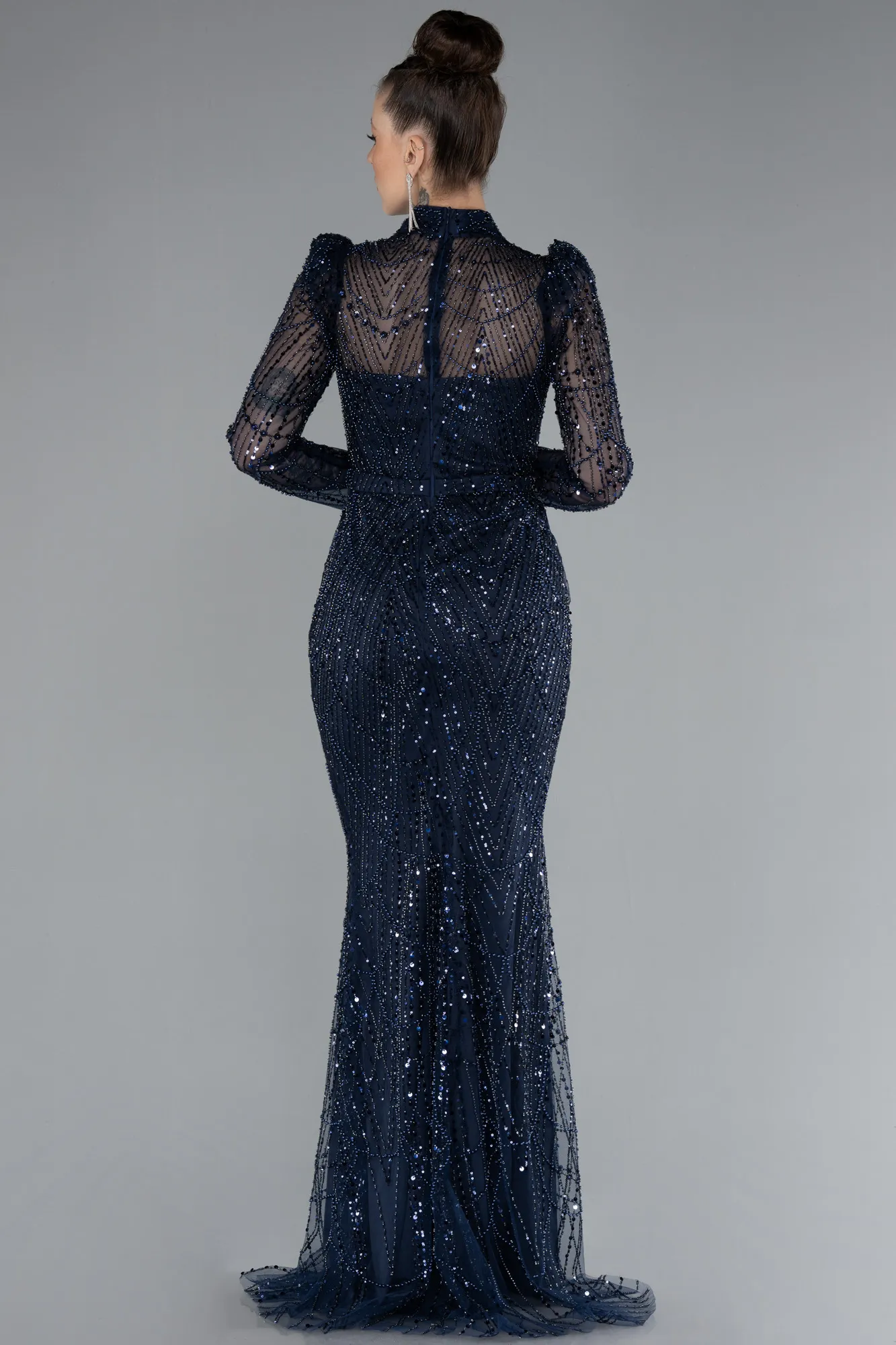 Navy Blue-Long Sleeve High Collar Stoned Evening Gown ABU4526