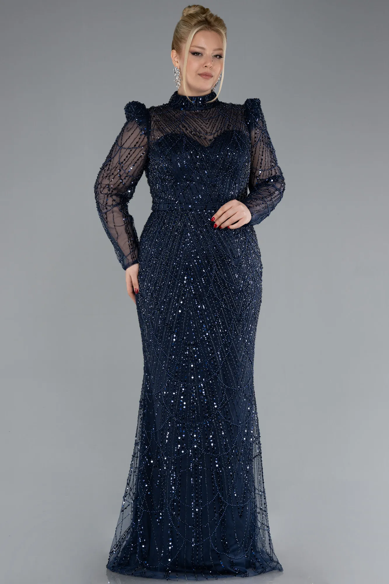 Navy Blue-Long Sleeve High Collar Stoned Plus Size Evening Gown ABU4527