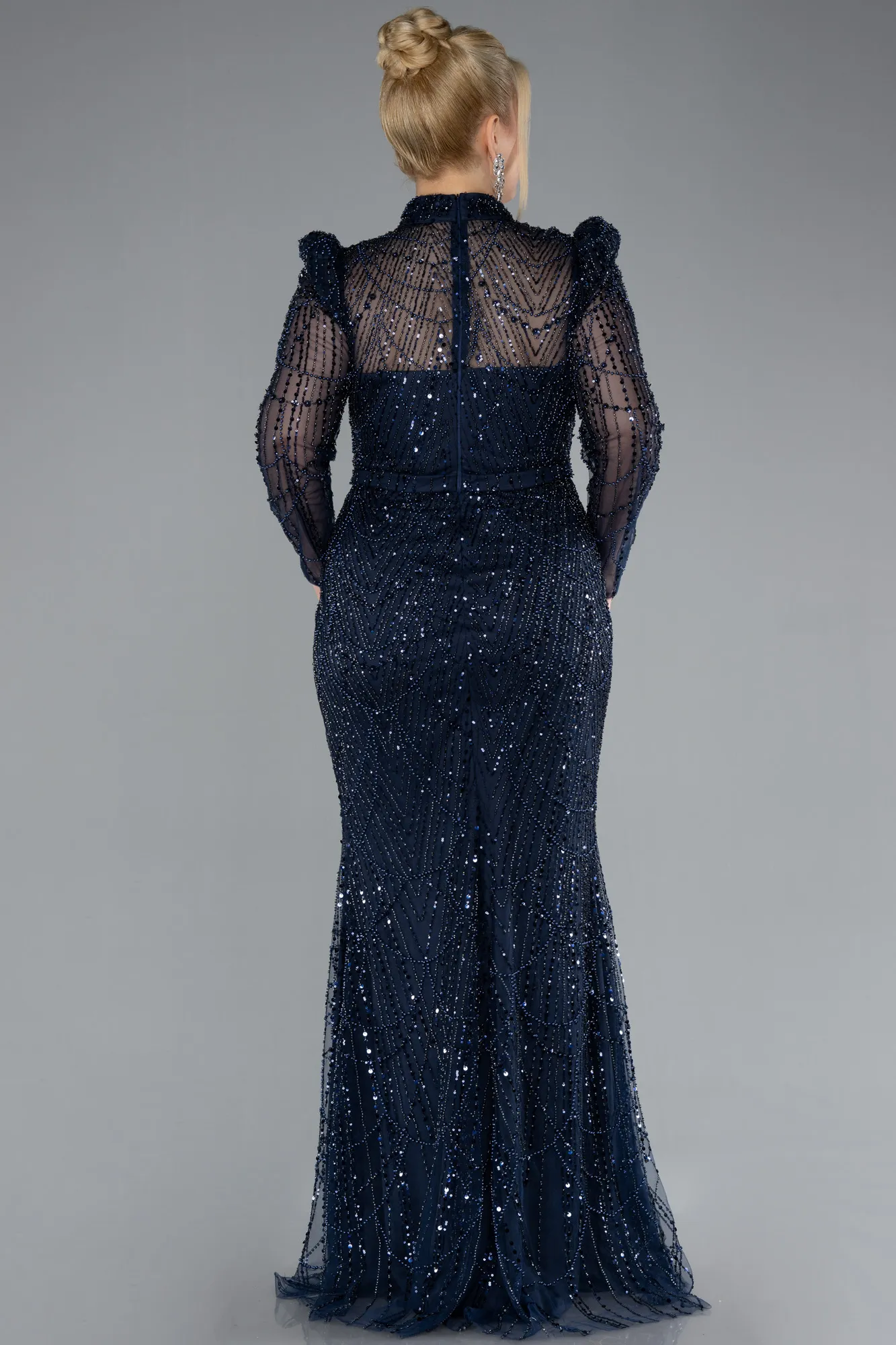 Navy Blue-Long Sleeve High Collar Stoned Plus Size Evening Gown ABU4527