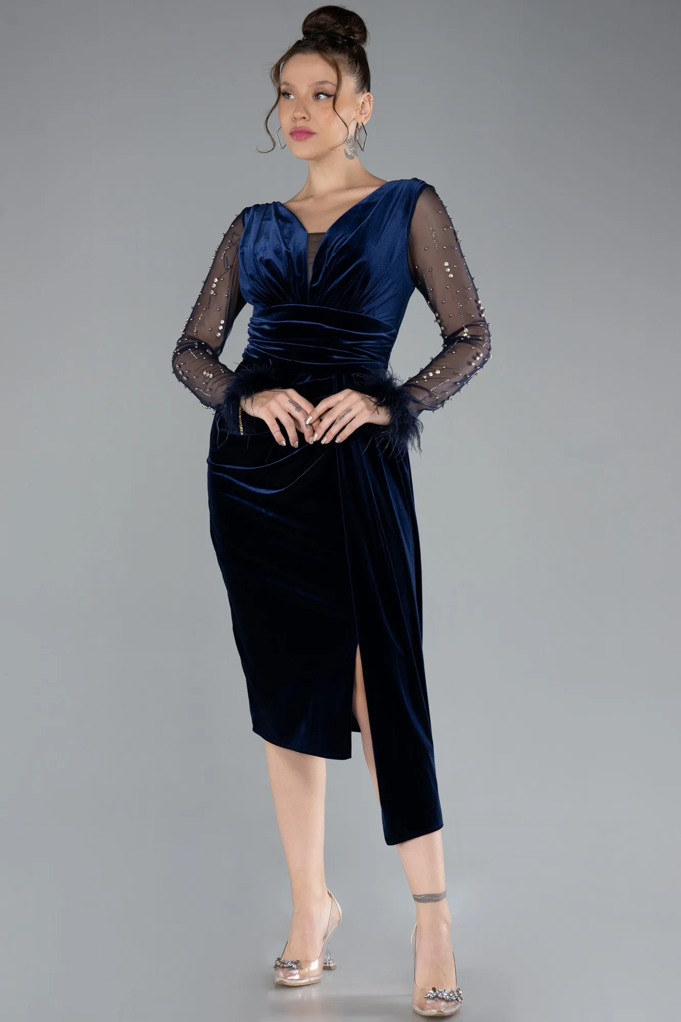 Navy Blue-Long Sleeve Midi Velvet Invitation Dress ABK2168