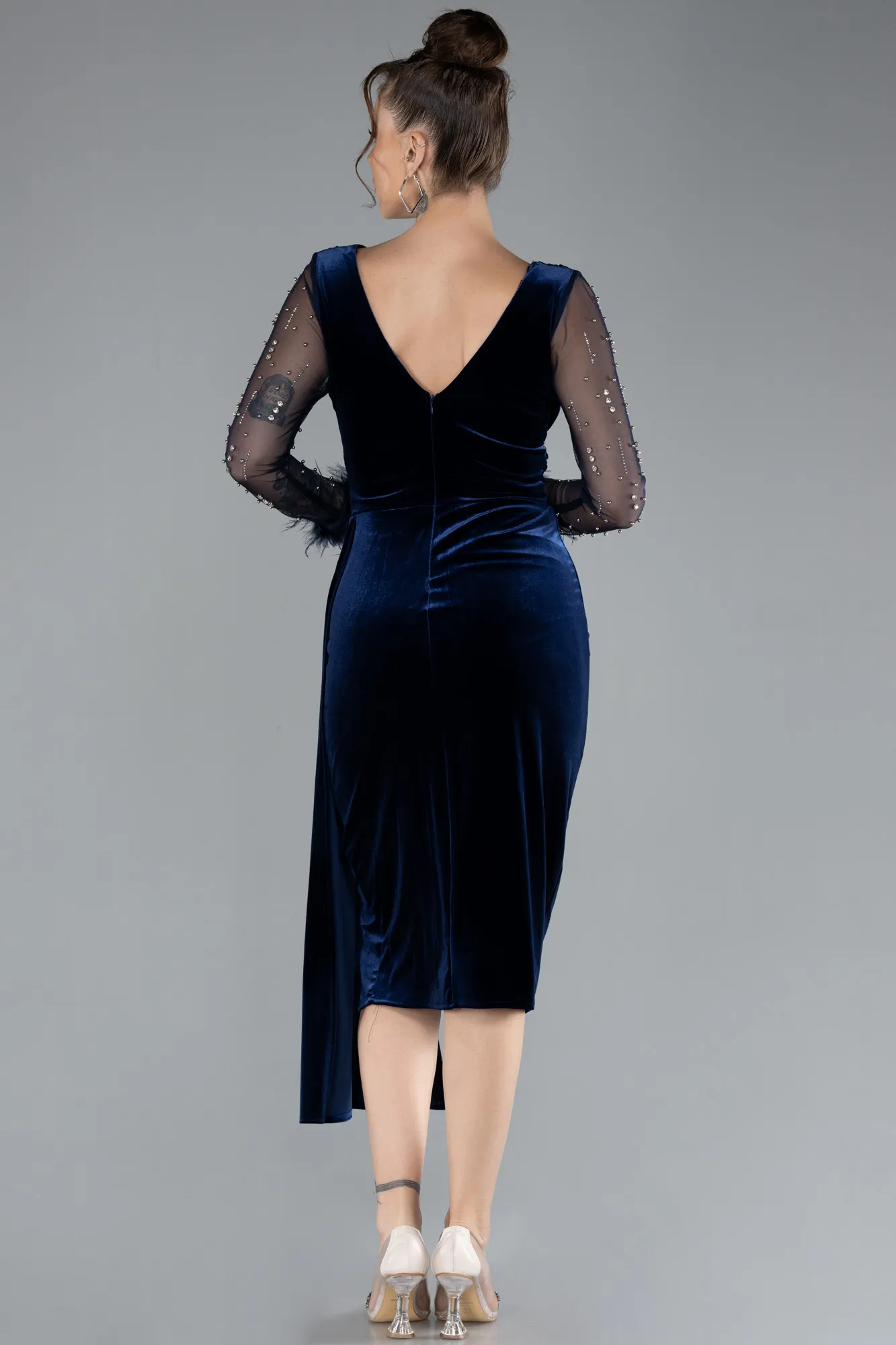 Navy Blue-Long Sleeve Midi Velvet Invitation Dress ABK2168