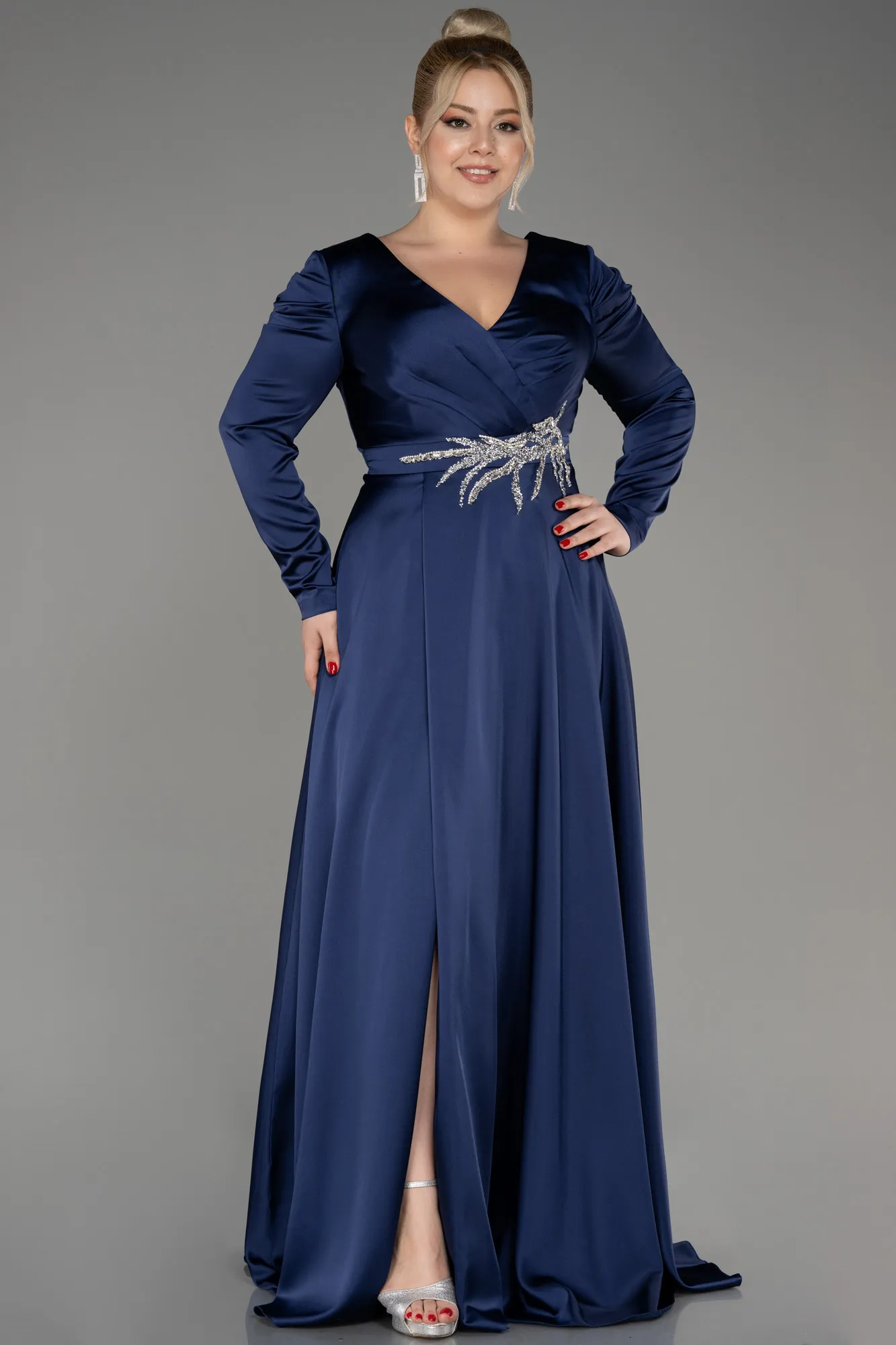 Navy Blue-Long Sleeve Satin Plus Size Evening Dress ABU3941