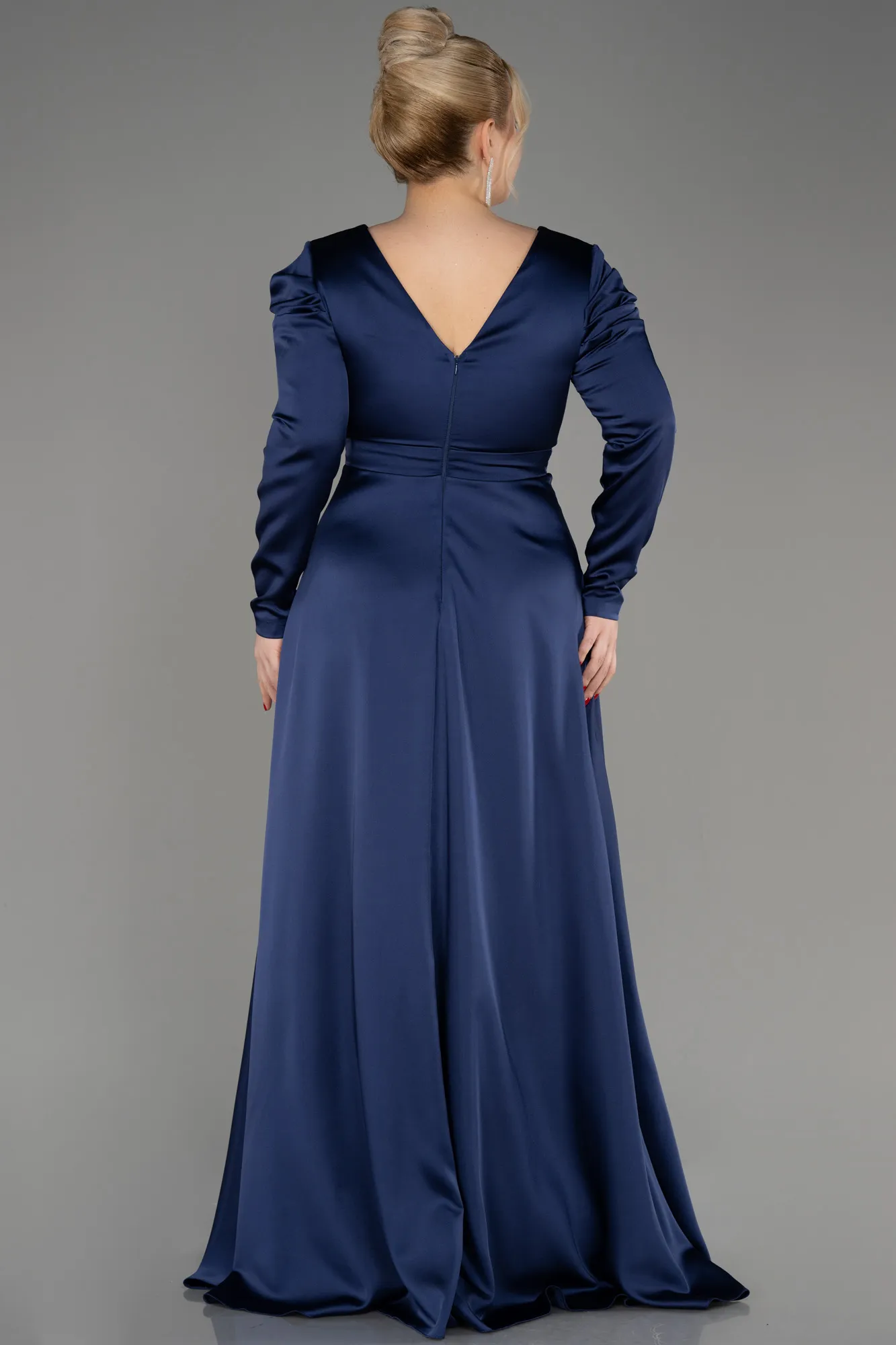 Navy Blue-Long Sleeve Satin Plus Size Evening Dress ABU3941