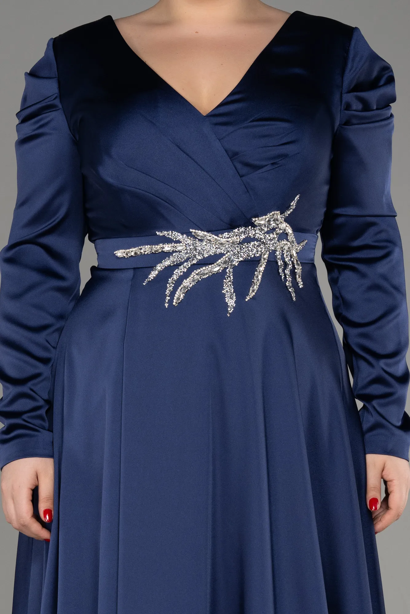 Navy Blue-Long Sleeve Satin Plus Size Evening Dress ABU3941