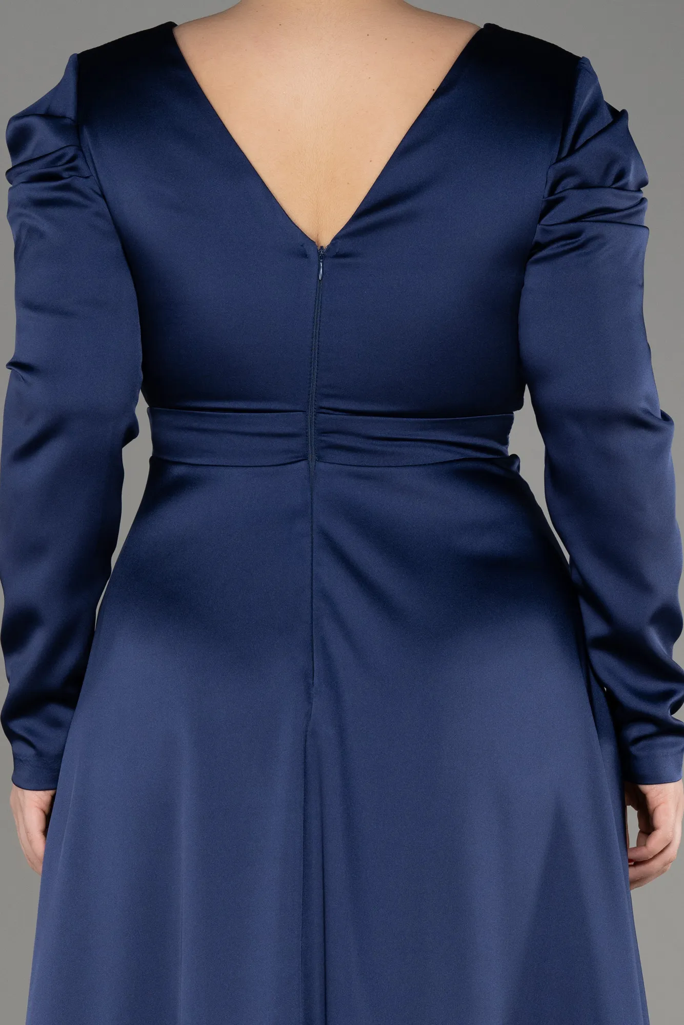 Navy Blue-Long Sleeve Satin Plus Size Evening Dress ABU3941