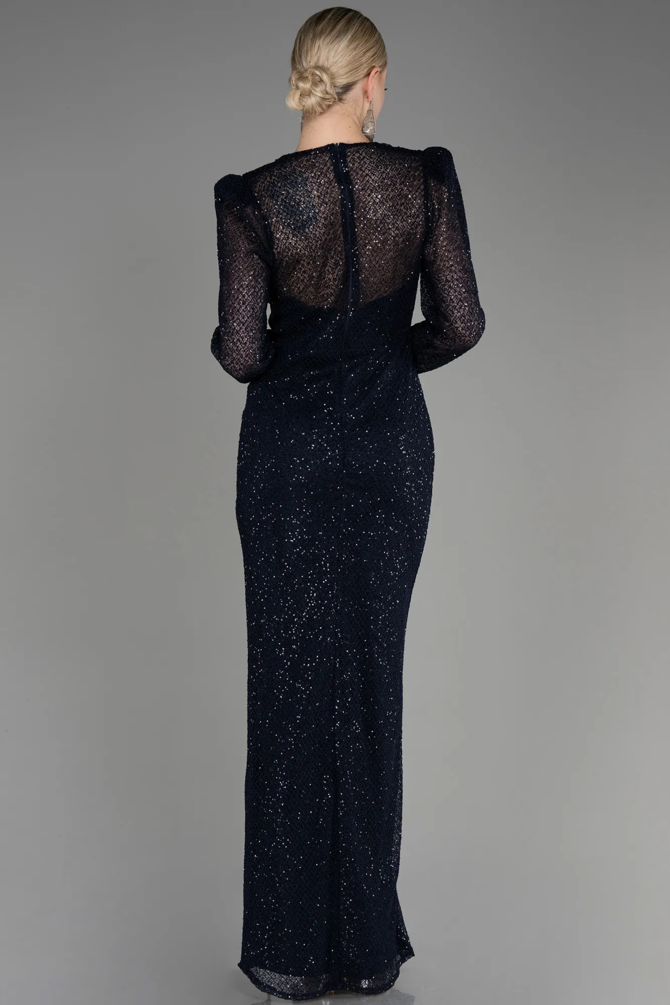 Navy Blue-Long Sleeve Scaly Evening Dress ABU3831