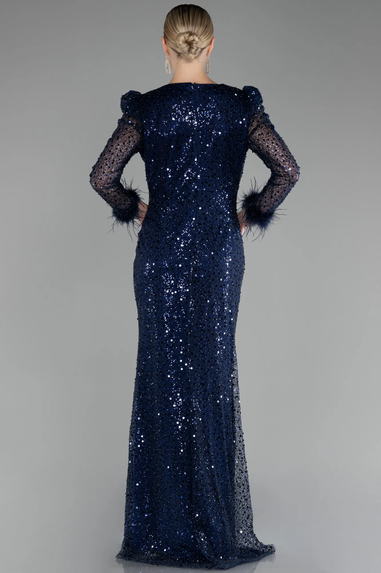 Navy Blue-Long Sleeve Scaly Evening Dress ABU3860