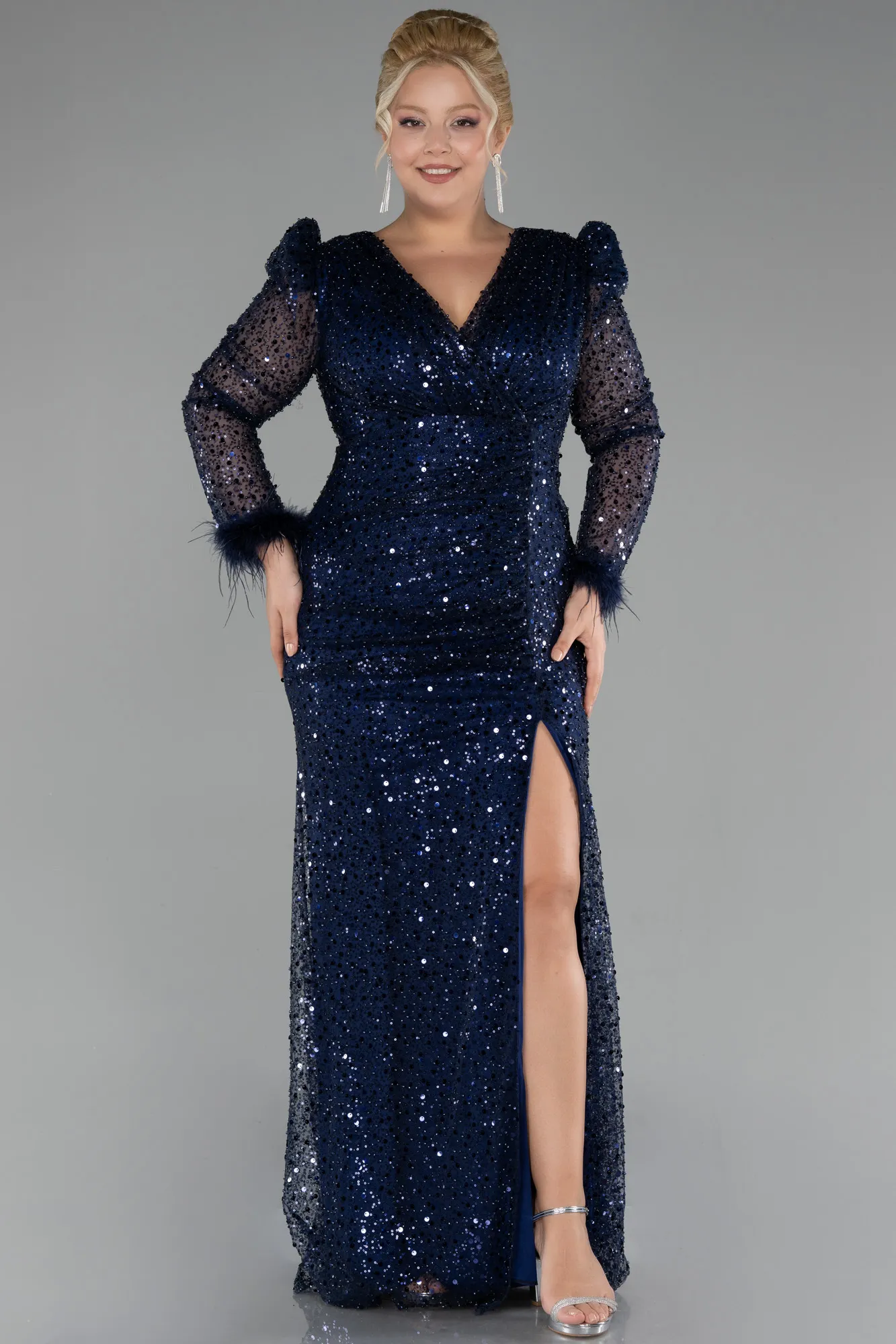 Navy Blue-Long Sleeve Scaly Plus Size Evening Dress ABU3861