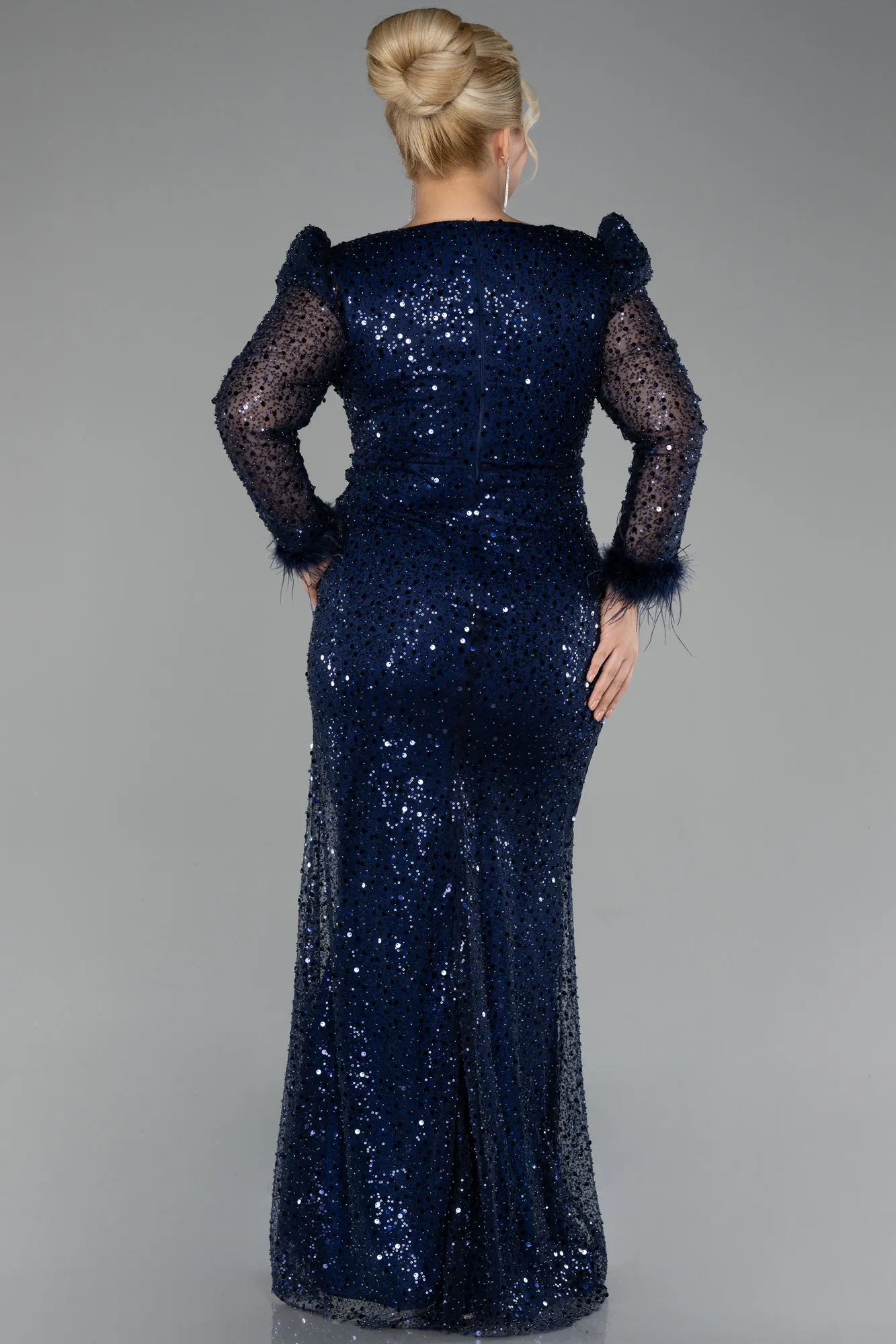 Navy Blue-Long Sleeve Scaly Plus Size Evening Dress ABU3861