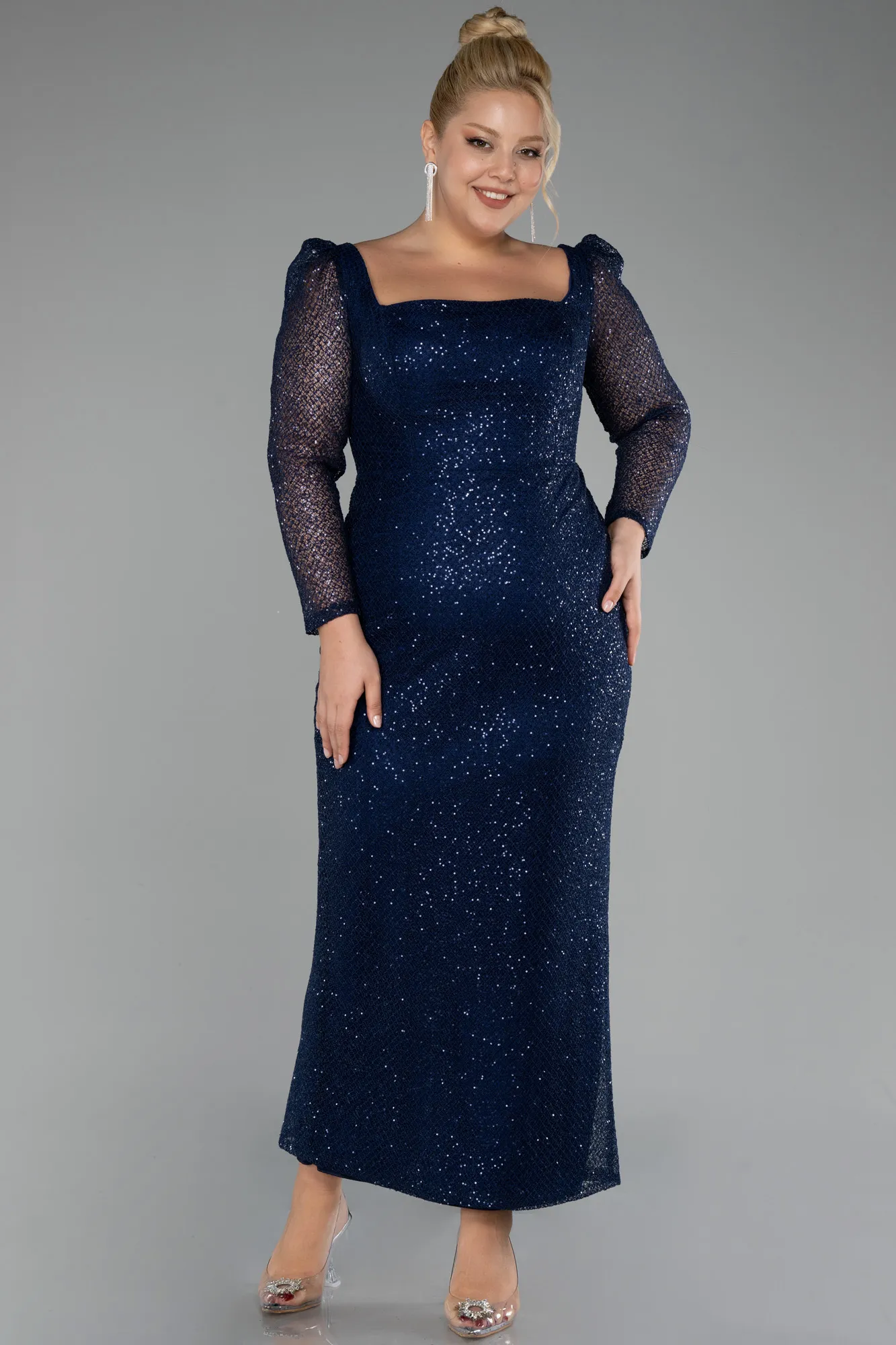 Navy Blue-Long Sleeve Sequin Midi Plus Size Evening Dress ABK2138