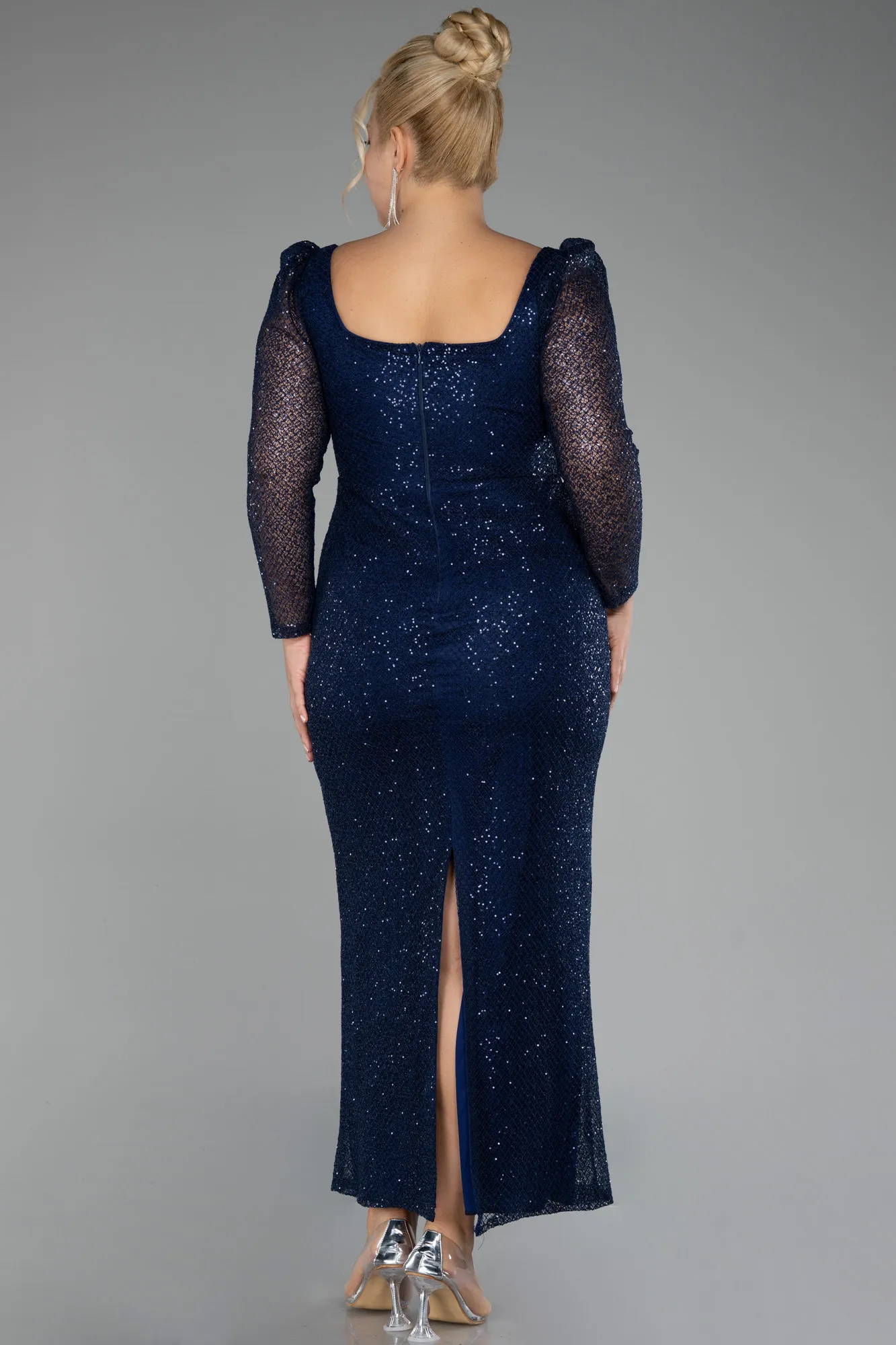 Navy Blue-Long Sleeve Sequin Midi Plus Size Evening Dress ABK2138