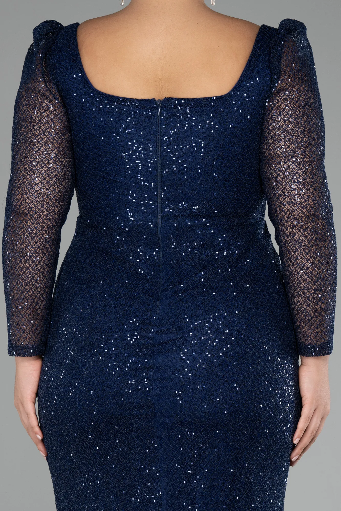 Navy Blue-Long Sleeve Sequin Midi Plus Size Evening Dress ABK2138