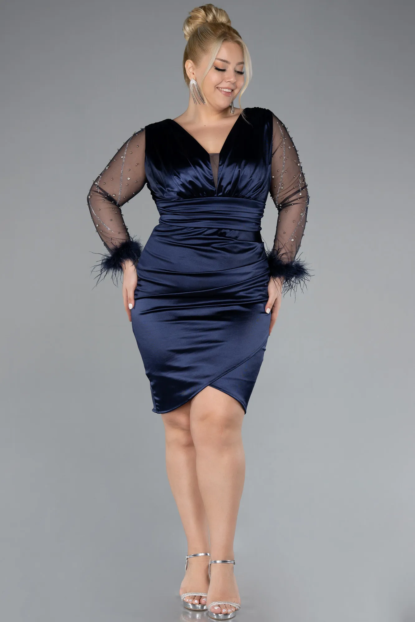 Navy Blue-Long Sleeve Short Satin Plus Size Invitation Dress ABK2161