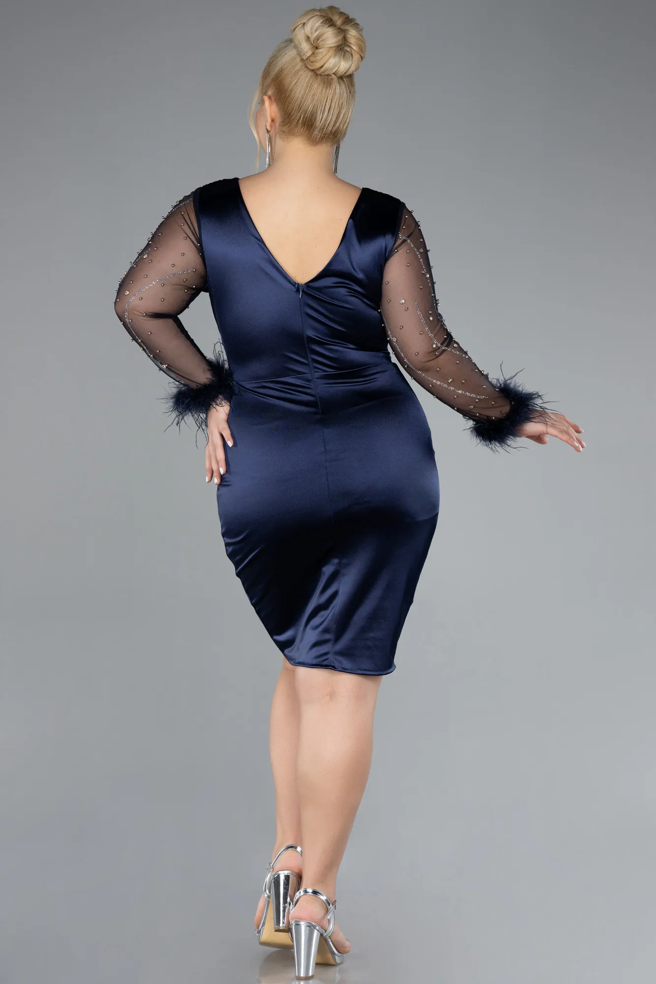 Navy Blue-Long Sleeve Short Satin Plus Size Invitation Dress ABK2161