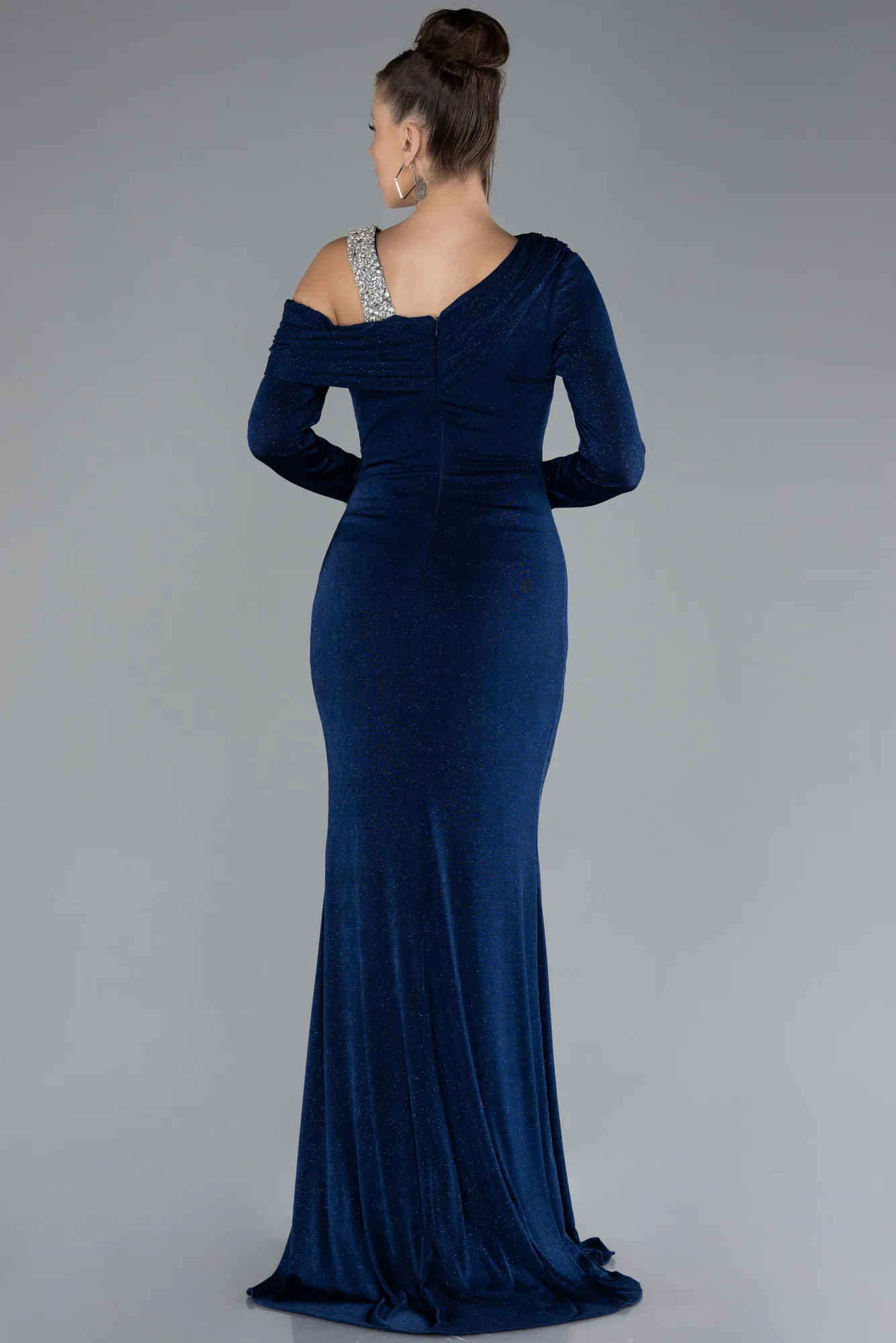 Navy Blue-Long Sleeve Slit Glitter Evening Dress ABU4328