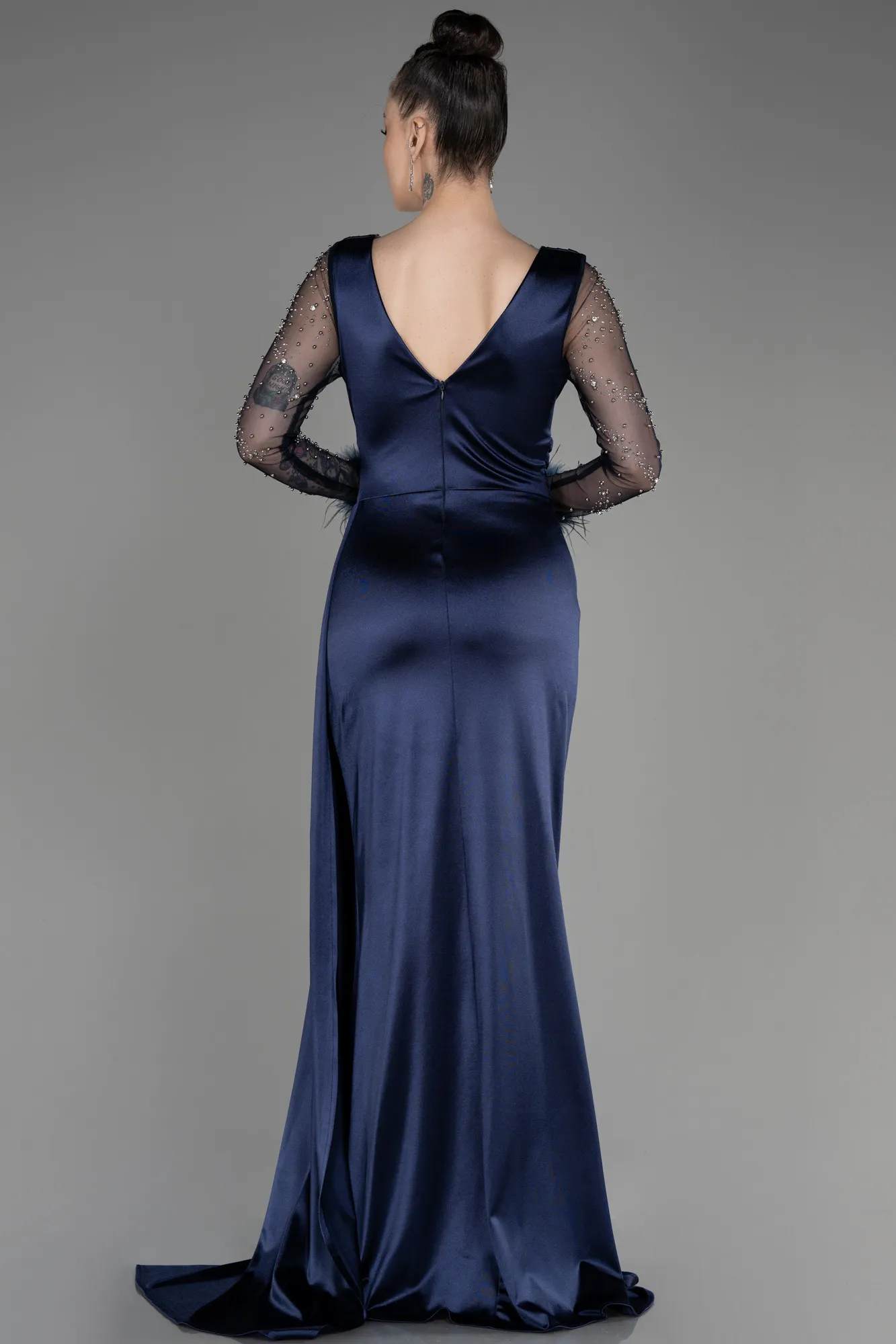 Navy Blue-Long Sleeve Slit Satin Evening Dress ABU3835